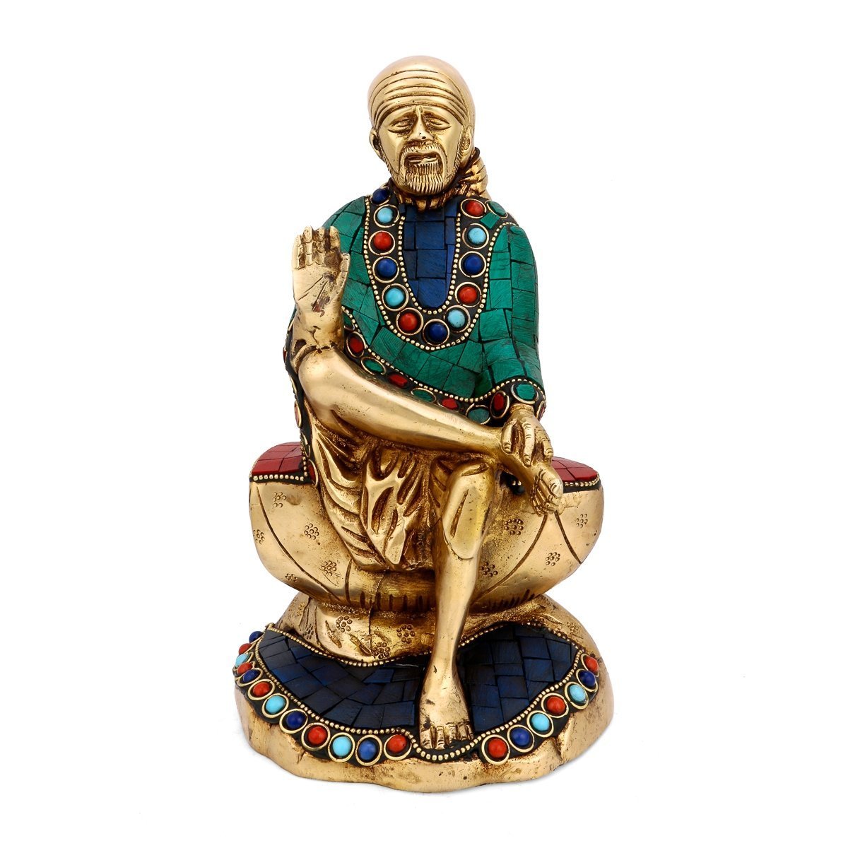 CraftVatika Shirdi Sai Baba Idol Turquoise Brass Sculpture Spiritual Religious God Metal Sai Baba Statue