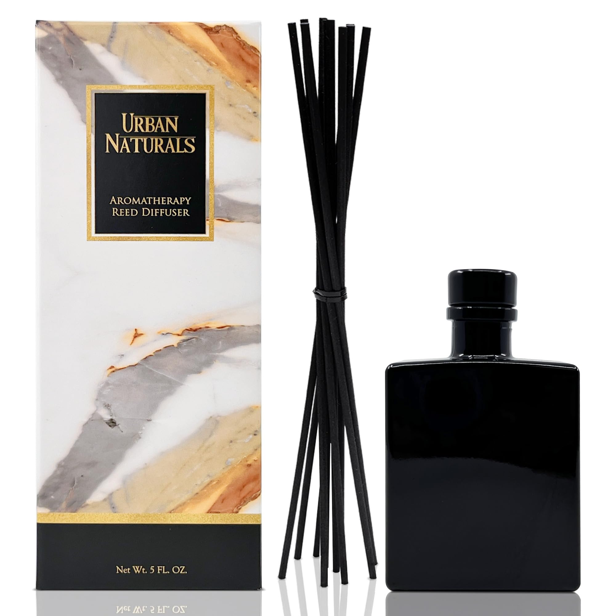 Urban Naturals Smoked Vanilla Reed Diffuser Set with Vanilla Bean, Sandalwood & Leather – 5 Ounce Sleek Black Rectangular Refillable Glass Bottle – Made in The USA