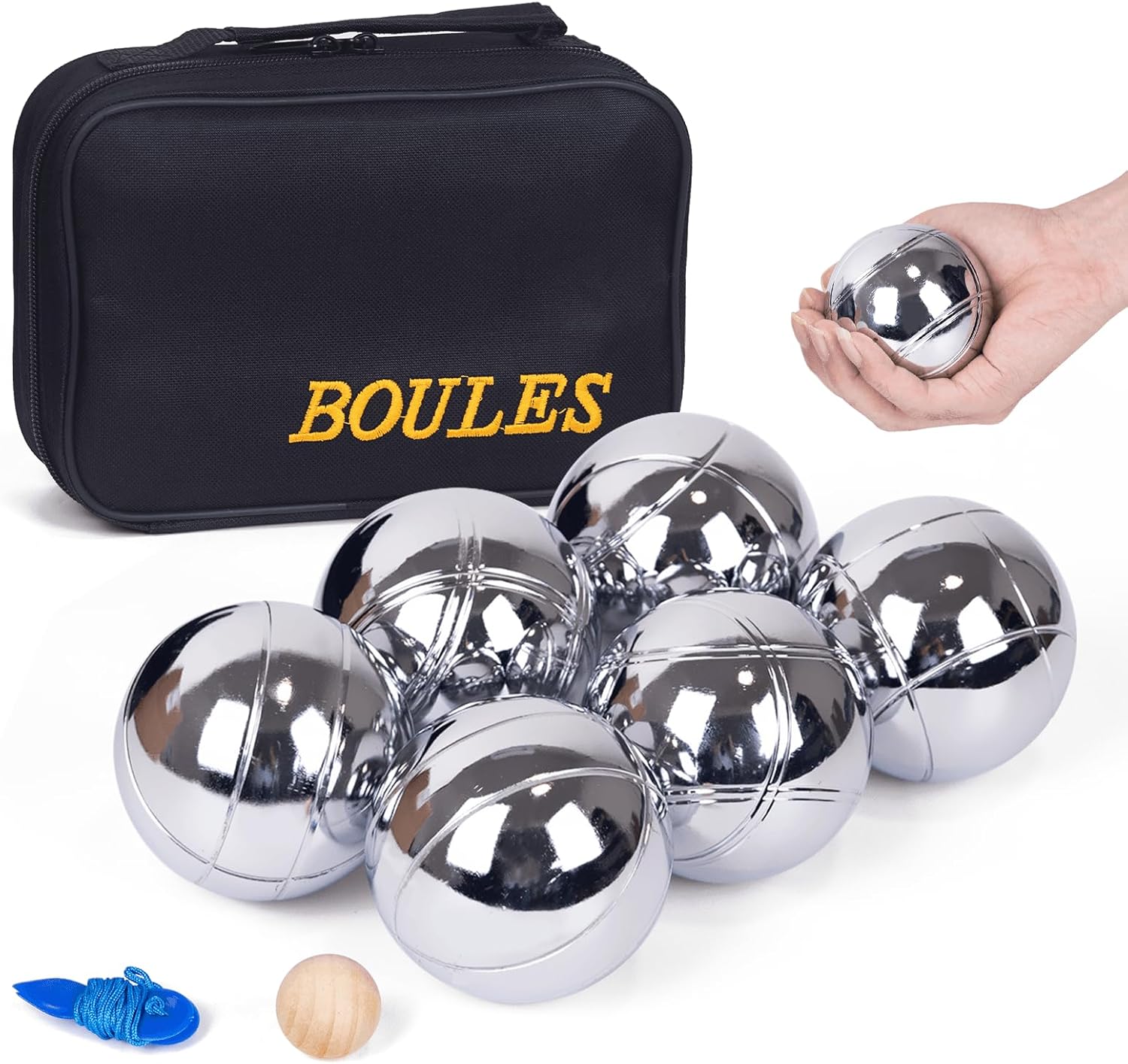 WodGod Petanque Game Set – 6 Stainless Steel Balls with Carry Case, Target Ball & Measuring String, Classic Petanque Game Set for Lawn, Beach & Backyard – Outdoor Family Bocce Ball Fun