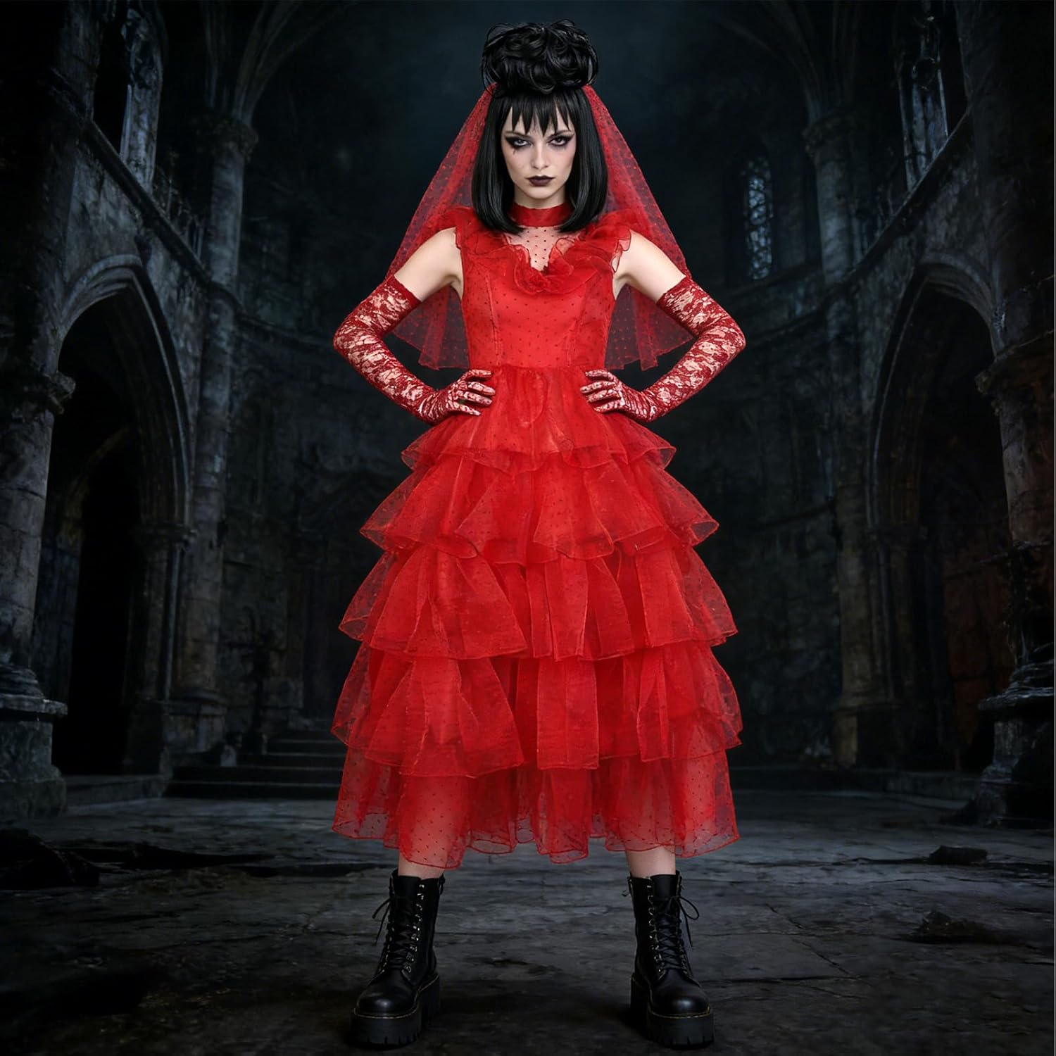 4PCS Women Lydia Deetz Costume Dress Beetle Bride Red Wedding Dress Wig Gloves Cosplay Gothic for Adult Halloween - Image 7