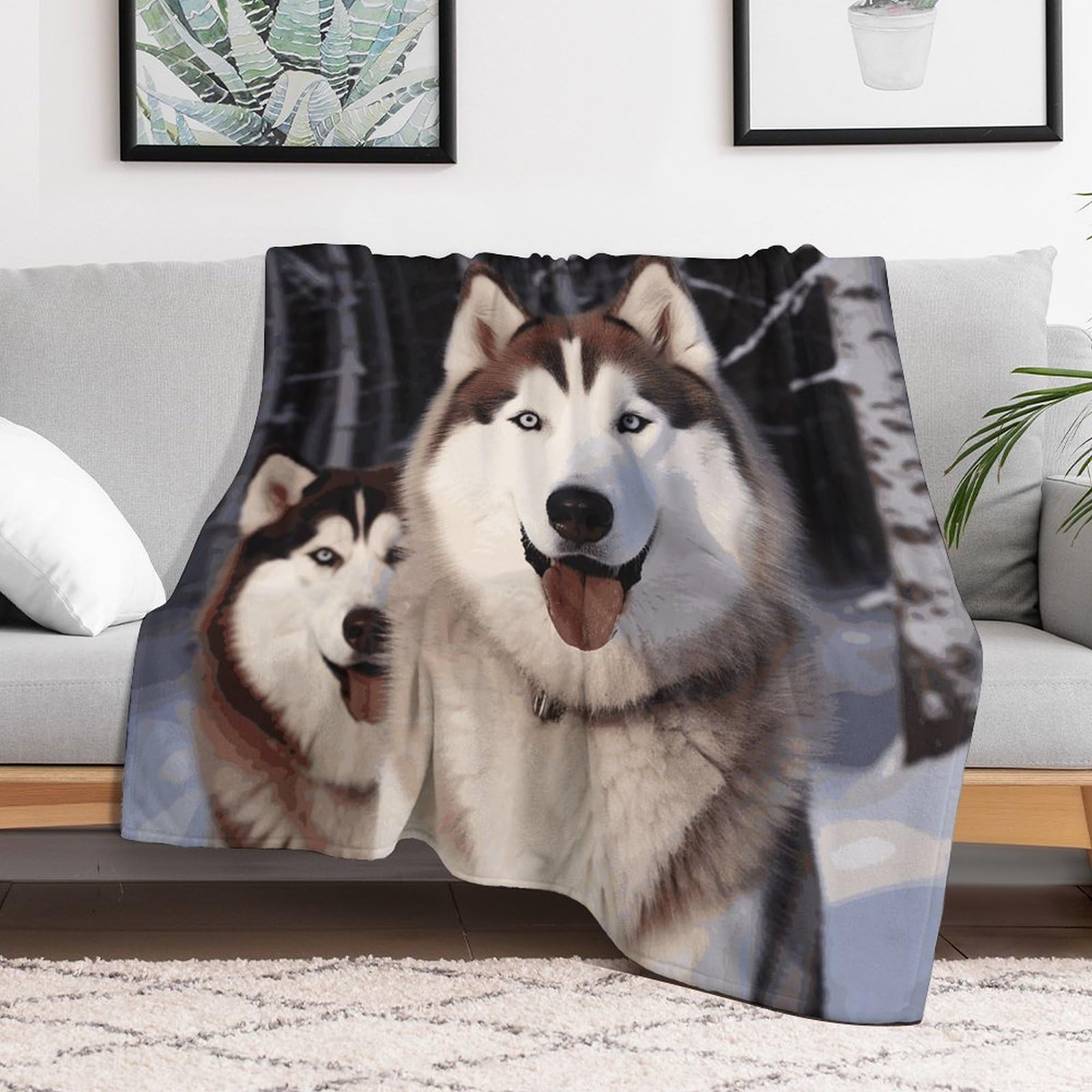 Couverture Huskies en micro polaire douce lit et canapé 152x203 cm