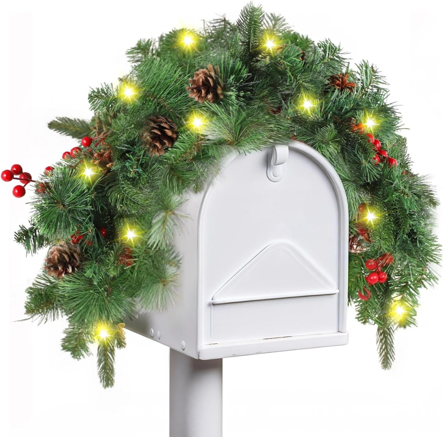 35.4 Inches Mailbox Decoration, Xmas Home Decor, Berry and Pine Cones Box Swag with String Lights, Artificial Christmas Mail Box Swag Indoor Outdoor for Xmas, 2 Pcs
