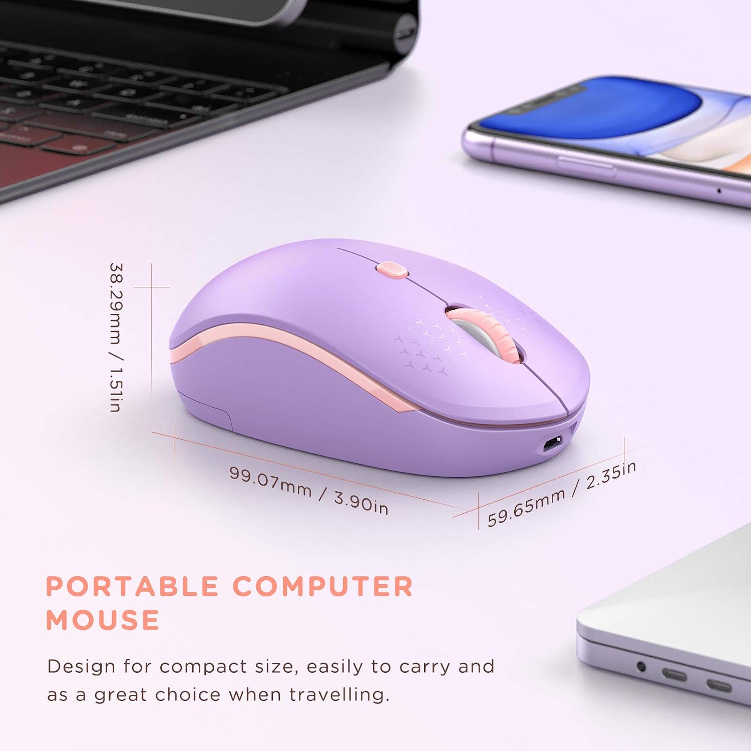seenda Wireless Mouse, 2.4G Rechargeable Cordless Mouse with USB and Type C 2 in 1 Receiver, Silent Portable Computer Mouse for Laptop, Desktop, PC, Chromebook, MacBook - Purple