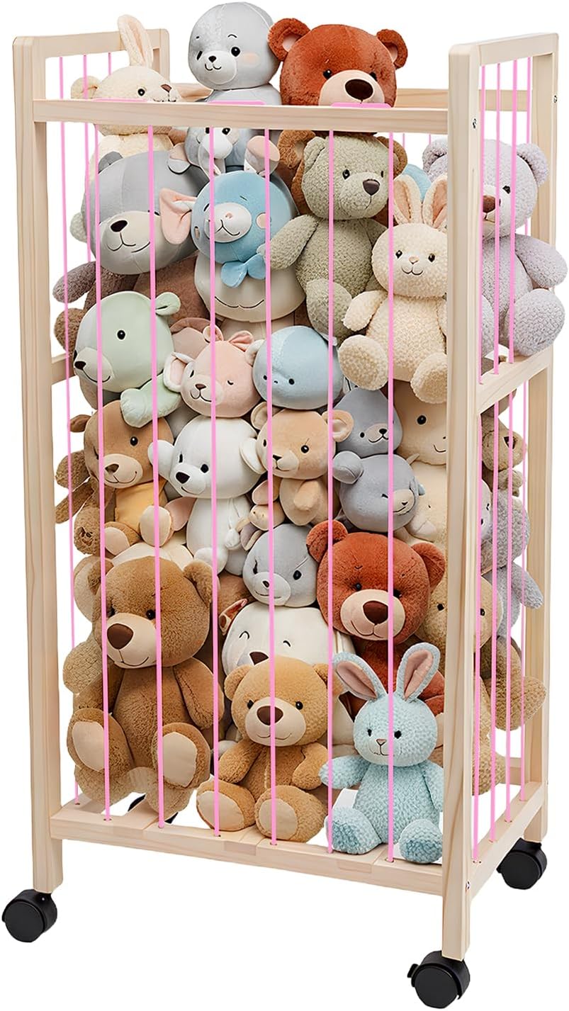 Stuffed Animal Storage, Wood Stuffed Animal Zoo Storage, Plush Toy Wood Organizer with Wheels, 33" Large Capacity Plush Toy Cage, Wooden Organizer for Playroom Kidroom Bedroom, Pink