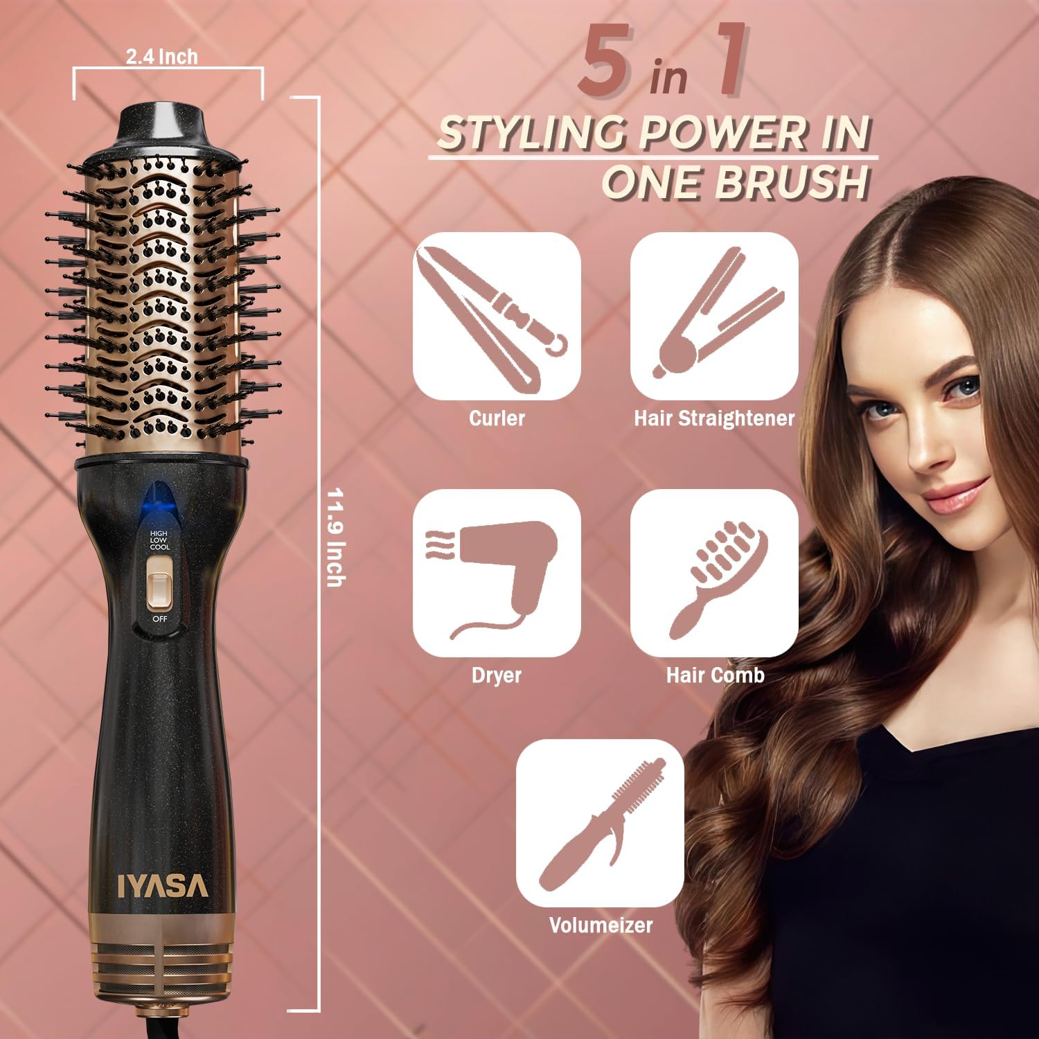Premium 4-in-1 Oval Blow Dryer Brush, One-Step Hot Air Brush for Smooth, Hair Dryer & Volumizer, Salon Quality, Ionic Blow Dryer Styler & Straightener, Anti-Frizz, Large 3" Barrel, 13" Long