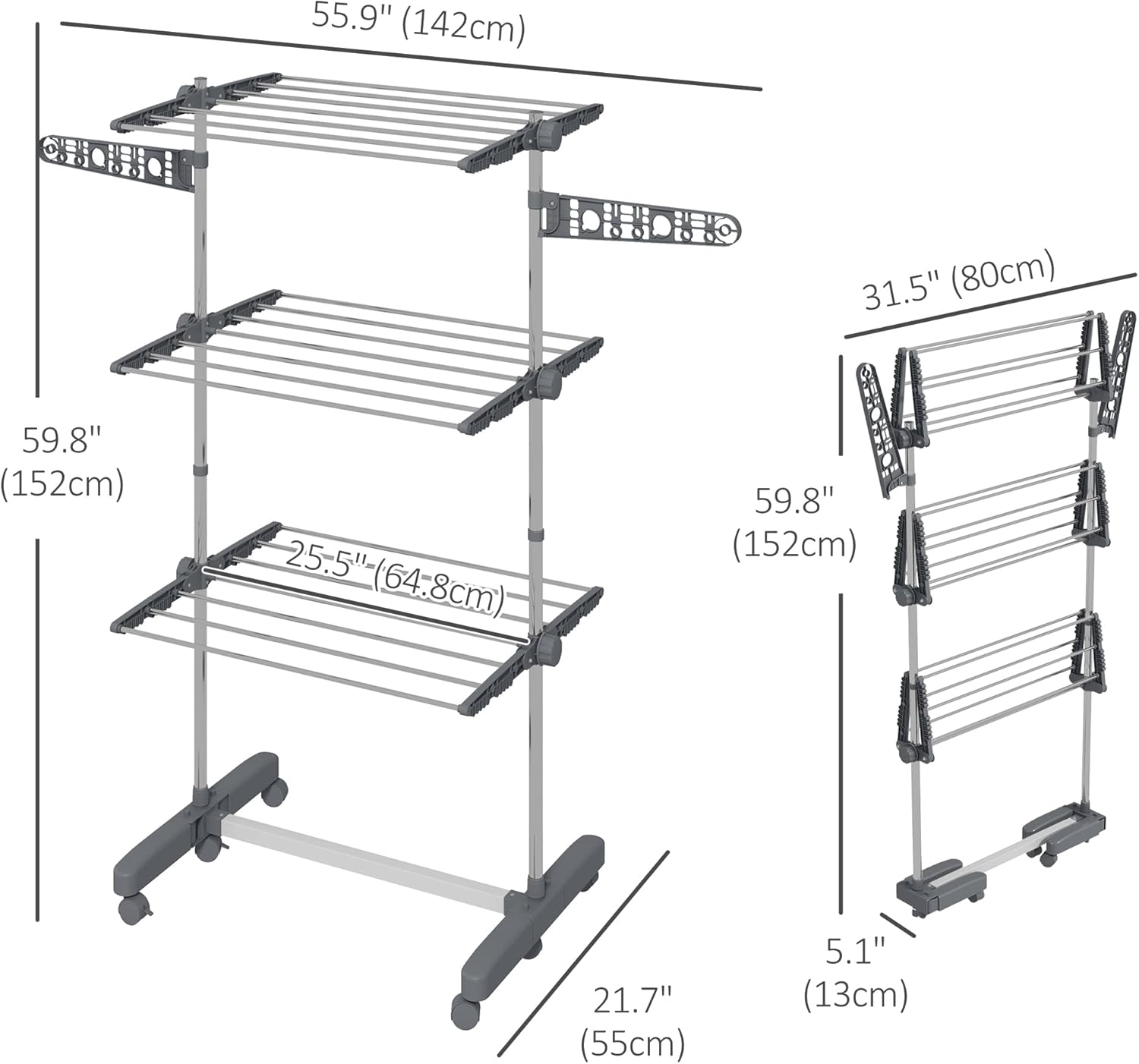 Diagram showing the dimensions of the HOMCOM 3-Tier Foldable Clothes Drying Rack in both extended and folded states.