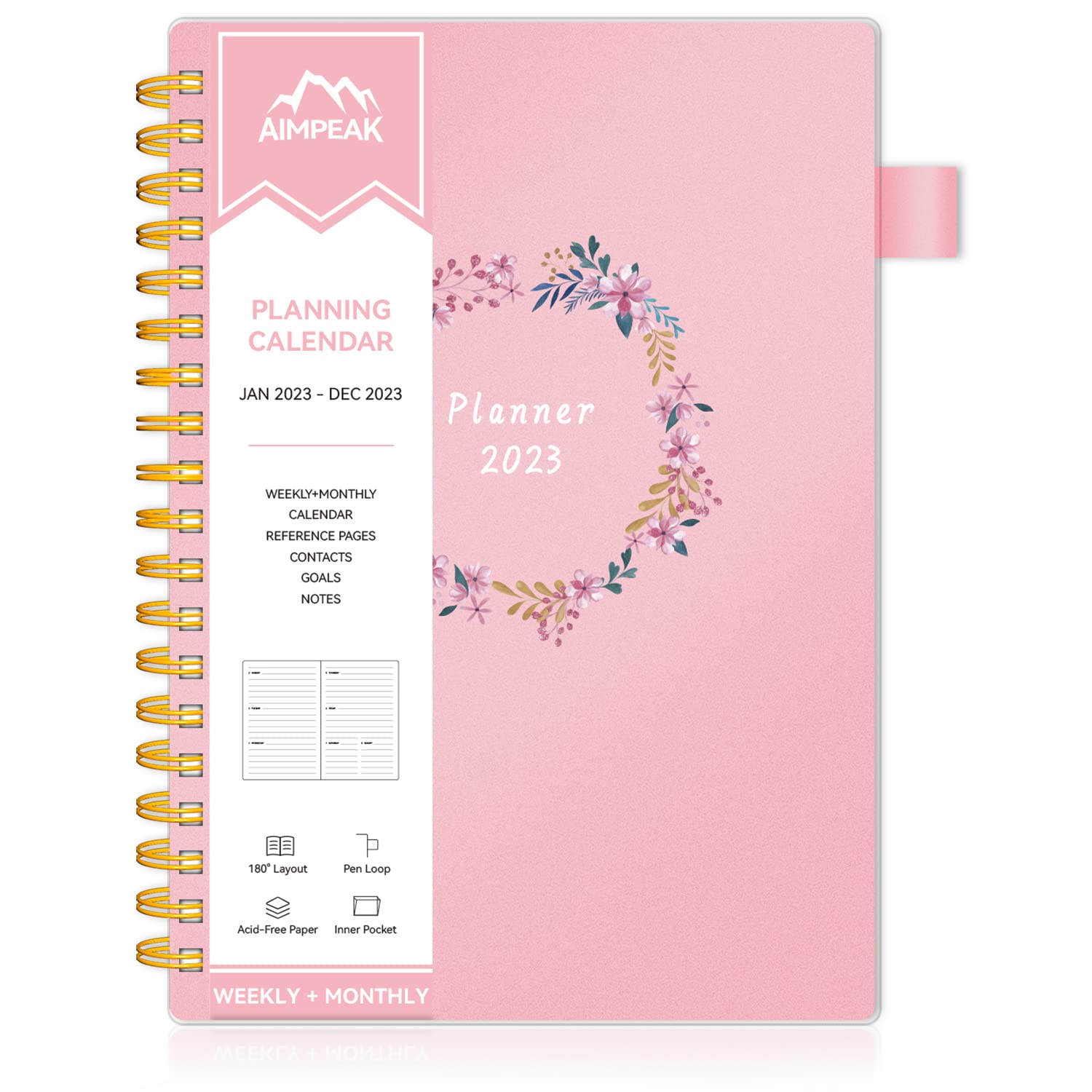 Planner 2024, 2024 Planner Weekly and Monthly, Jan. 2024 - Dec. 2024, AIMPEAK 2024 Monthly Planner with Tabs, Pocket, Pen Loop, Flexible Waterproof Cover, Twin-Wire Binding, Pink Garland, 7" x 10"