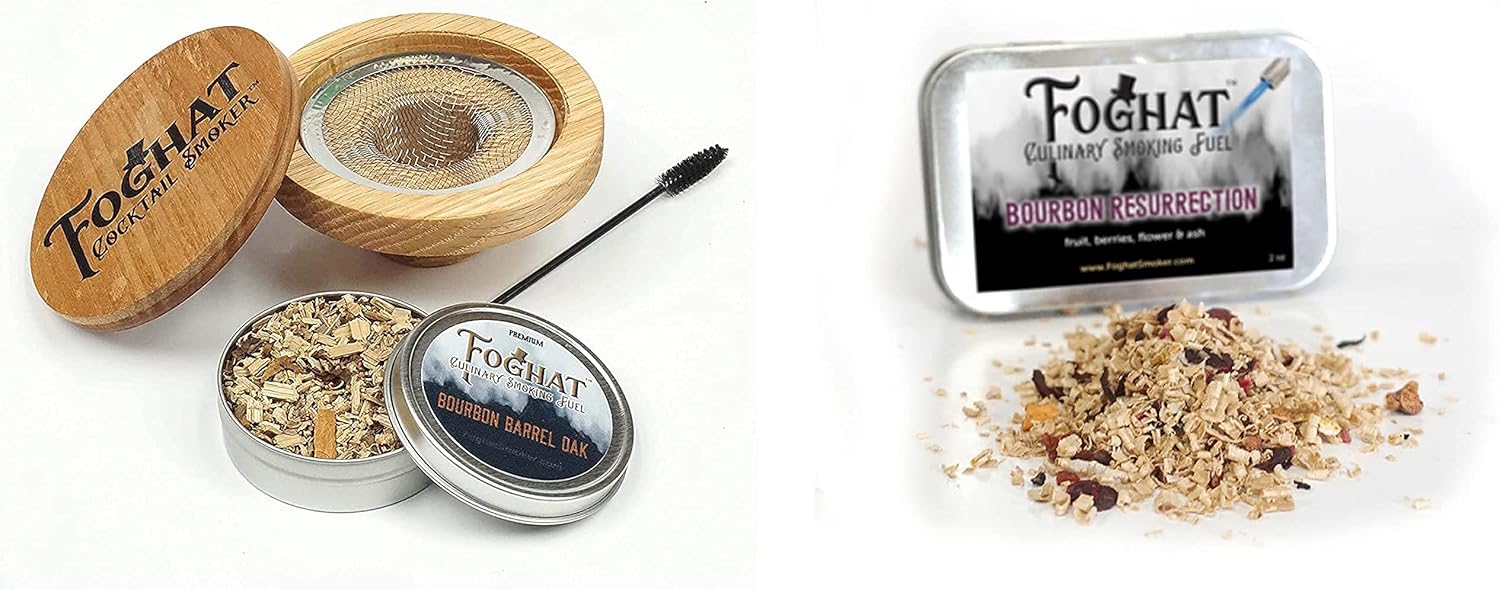 Foghat Cocktail Smoker with Bourbon Barrel Wood Shavings and Bourbon Resurrection Foghat Culinary Smoking Fuel Bundle