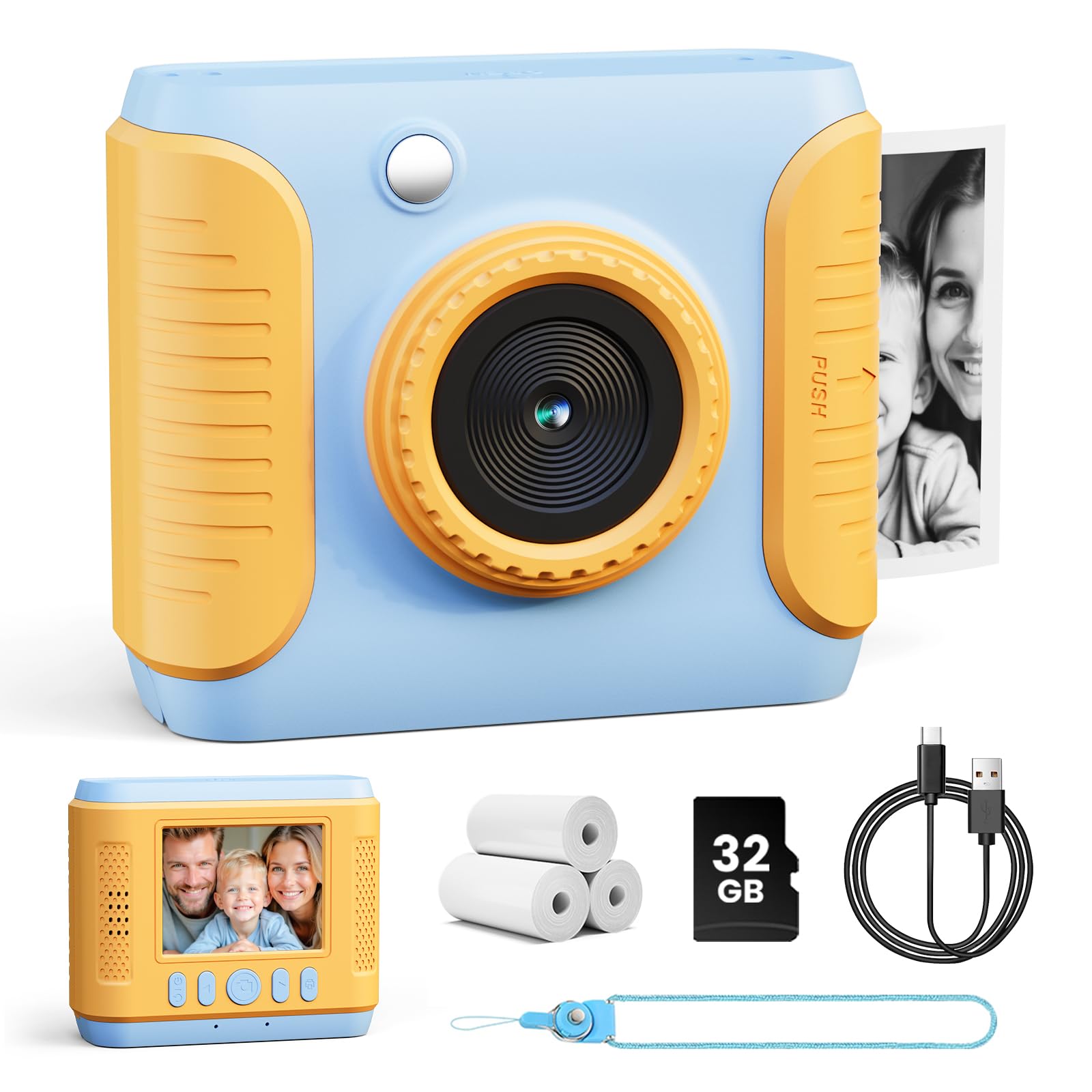 CalineGam Macchina Fotografica Bambini Istantanea, HD 1080P Fotocamera Istantanea per Bambini con Scheda 32G e Carta Fotografica, Regalo per Ragazze Ragazzi da 3-12 Anni (Blu)