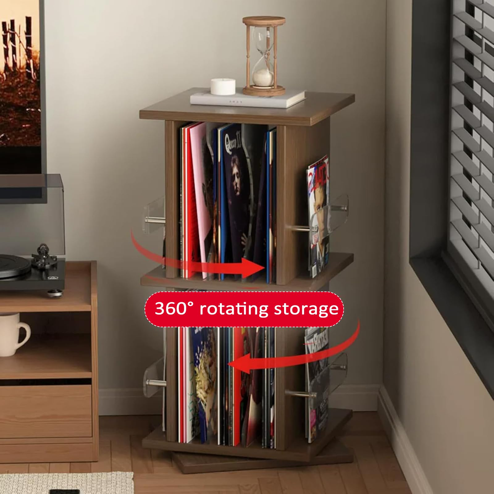 Porta Dischi in Vinile Girevole, Torre Porta CD Girevole a 2 Livelli in Legno, Rotazione Fluida a 360°, Ripiani in Acrilico Regolabili, capacità 25-56 CD, per Libri, Riviste, Dvd