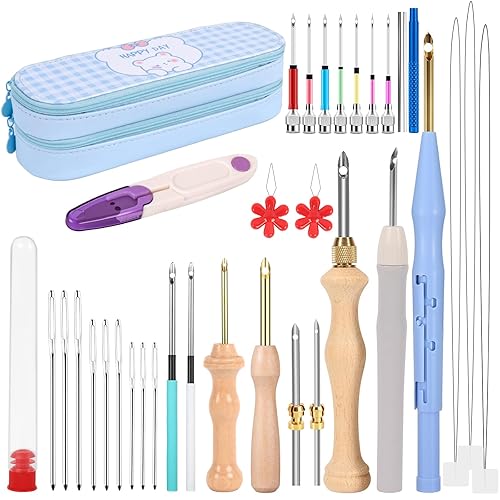 35Pcs Punch Needle Kit Adult Beginner, Adjustable Punch Needle Tool with Different Size Needles & Storage Case, Wooden Handle Embroidery Pen Set for Christmas Gifts, Decoration & DIY Craft Project