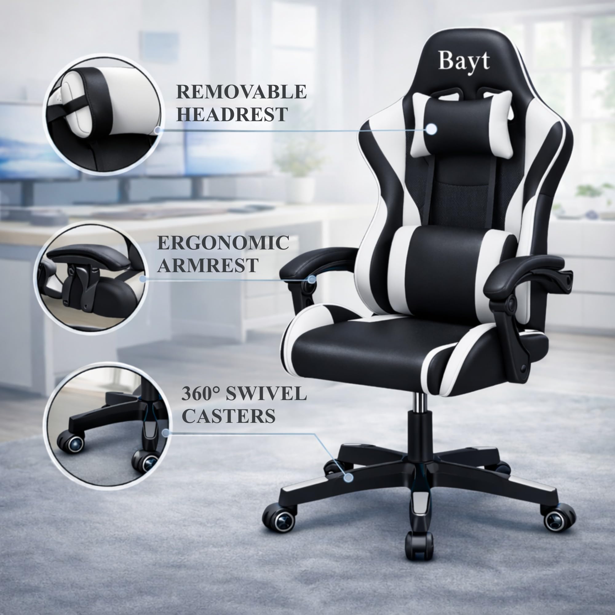 Bayt Krzesło Biurowe & Fotel Gamingowy Ergonomiczny - Gaming Chair do Biurka, Fotel dla Gracza Obrotowy, Design Sportowy z Ekoskóry, Czarny/Biały