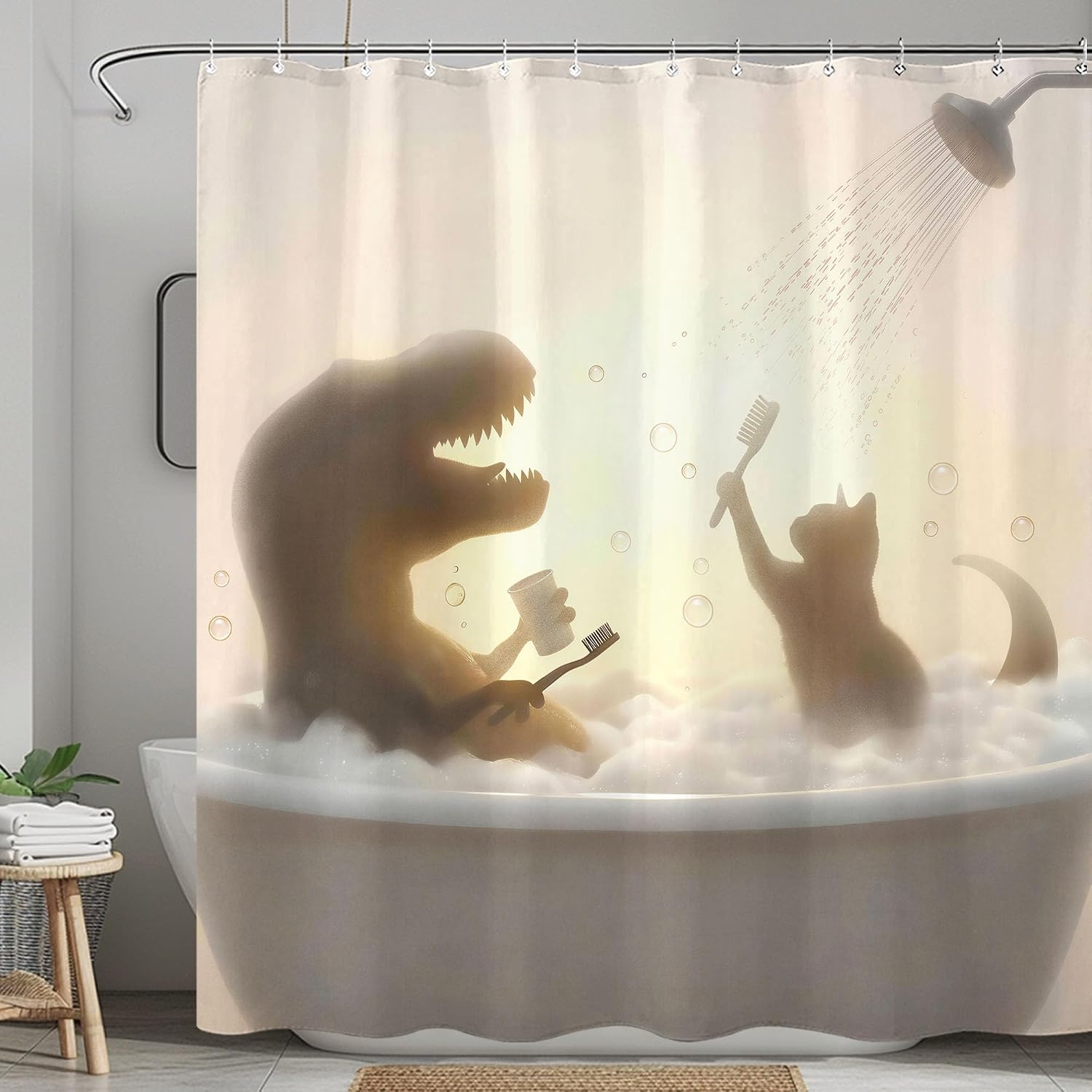Leeisysme Funny Cat Dinosaur Shower Curtain, Cute Fun Dino Trex Kitty in Bathtub Silhouette Shower Curtains, Cool Unique Whimsical Bathroom Decor, 72x72 inch