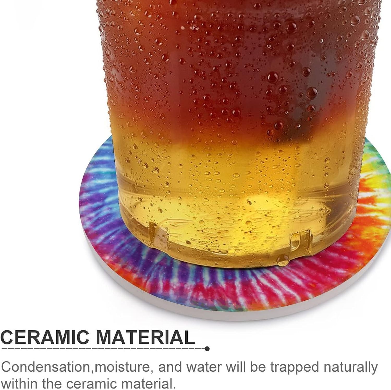 Rainbow Coasters for Drinks, Tie Dye Texture Absorbent Ceramic Coaster Set of 6, Colorful Cup Coasters with Non-Slip Cork Base, Cups Place Mats for Home Decor