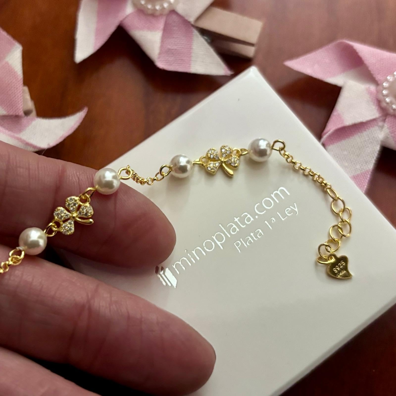 Bracciale a forma di quadrifoglio in argento placcato oro con perline per ragazza comunione mediano argento sterling, Mediano, Argento sterling