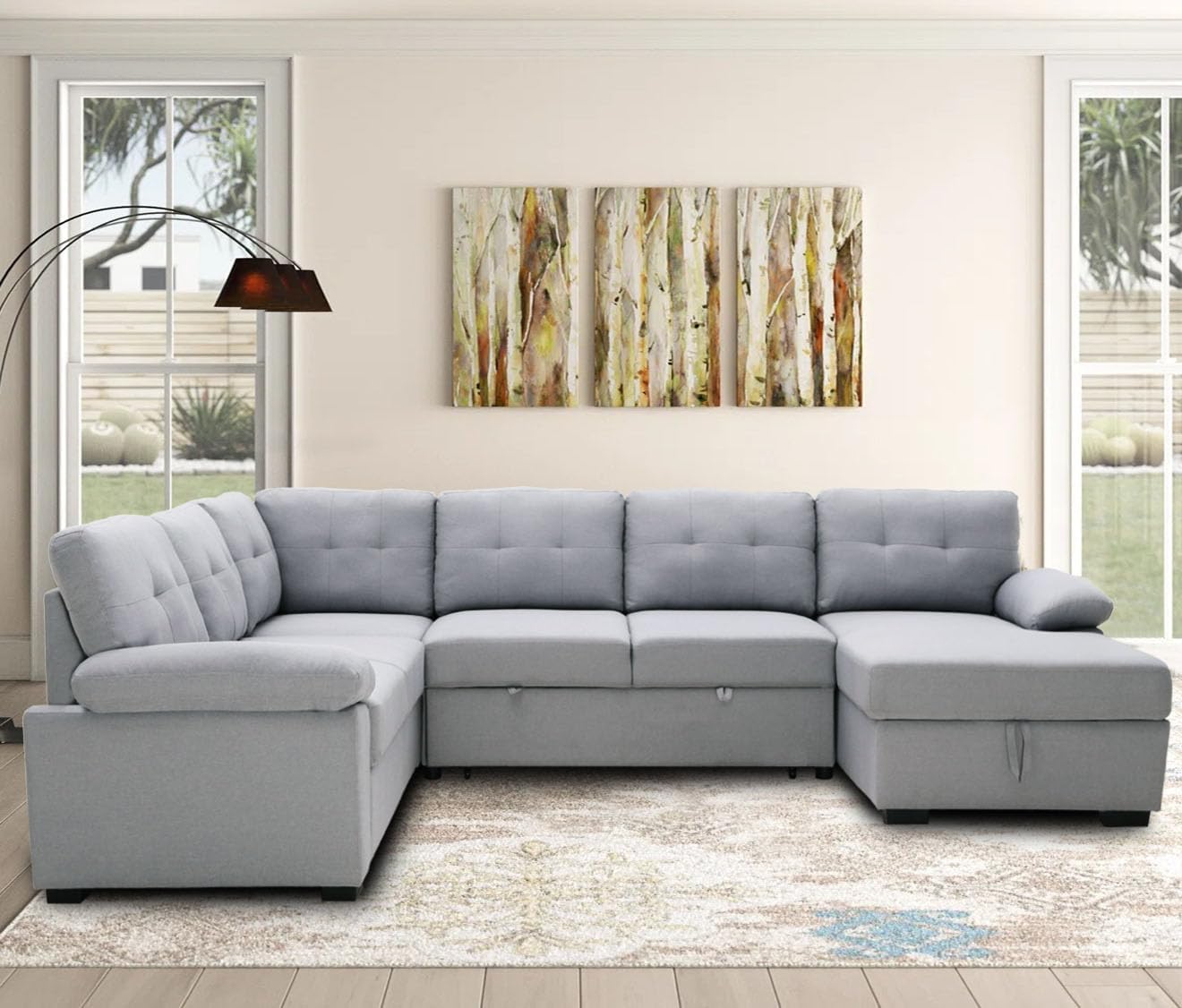 asunflower Sleeper Sectional Couch with Stroage Chaise,Oversized Pull Out Sofa Bed for Living Room, U Shaped 118" Sectional Sleeper Sofa Modular Couch in Grey, Simple Assembly