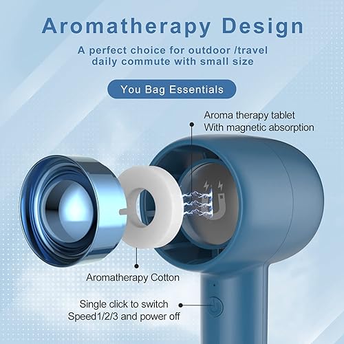 Vista 8 de Ventilador de mano con aromaterapia, pequeño ventilador turbo personal recargable por USB, silencioso mini ventilador de mano portátil, ventilador