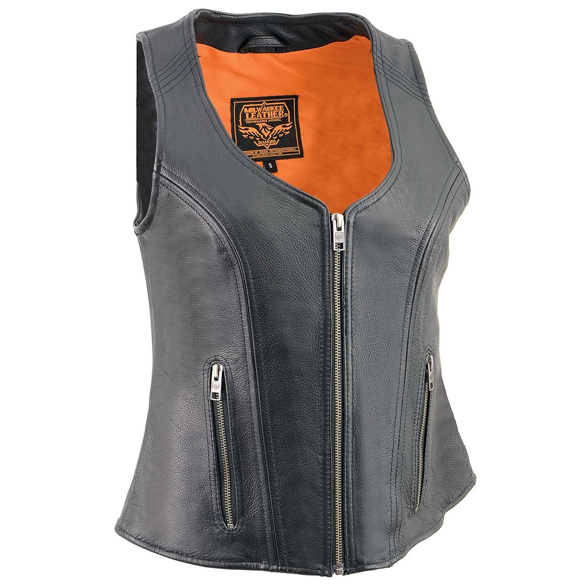 Milwaukee Leather MLL4530 Women's Black Leather Open Neck Motorcycle Rider Vest W/Front Zip and Stitching detail - Large