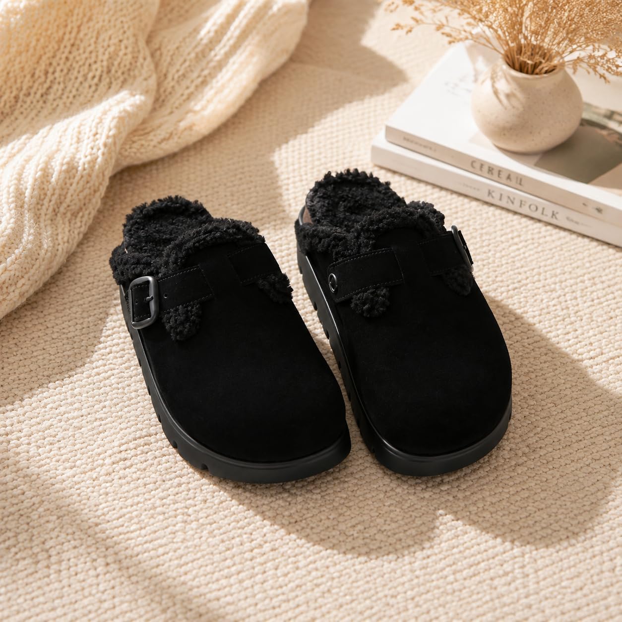 Women Shearling Platform Clogs Suede Mule Buckle Garden Shoes