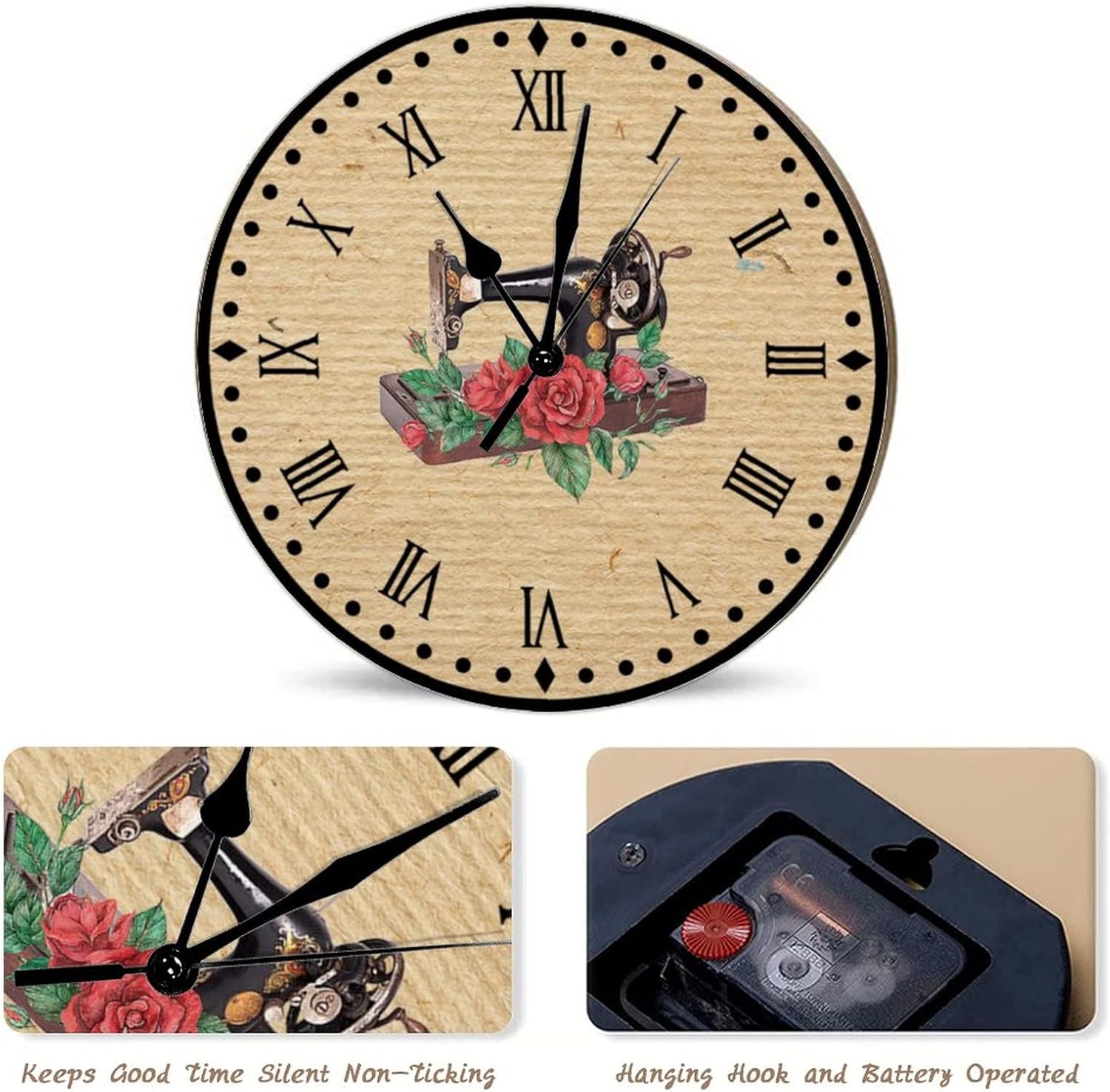 Rose Flower Sewing Machine Clock Battery Operated Quartz Silent Clocks Home Decor Sewing Room Wall Clocks Craft Room Decor Clocks Country Tuscan Style 12inch Round Clock for Dinning Living Room
