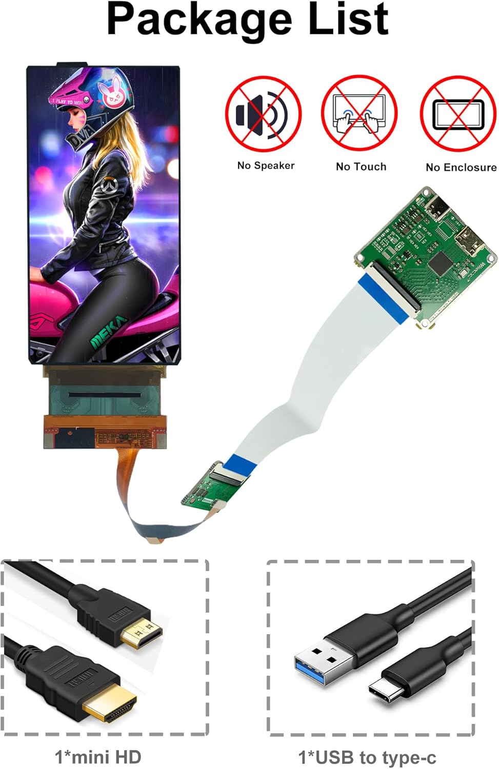 Image showing the package contents: flexible screen, driver board, mini HD cable, and USB to Type-C cable. Also notes 'No Speaker', 'No Touch', 'No Enclosure'.
