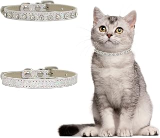 Silver Leather Cat Collar Rhinestones 2pcs Pet Bling Rhinestone Collar Adjustable Bling Elegant Pet Collars for Small Dogs and Cats, S