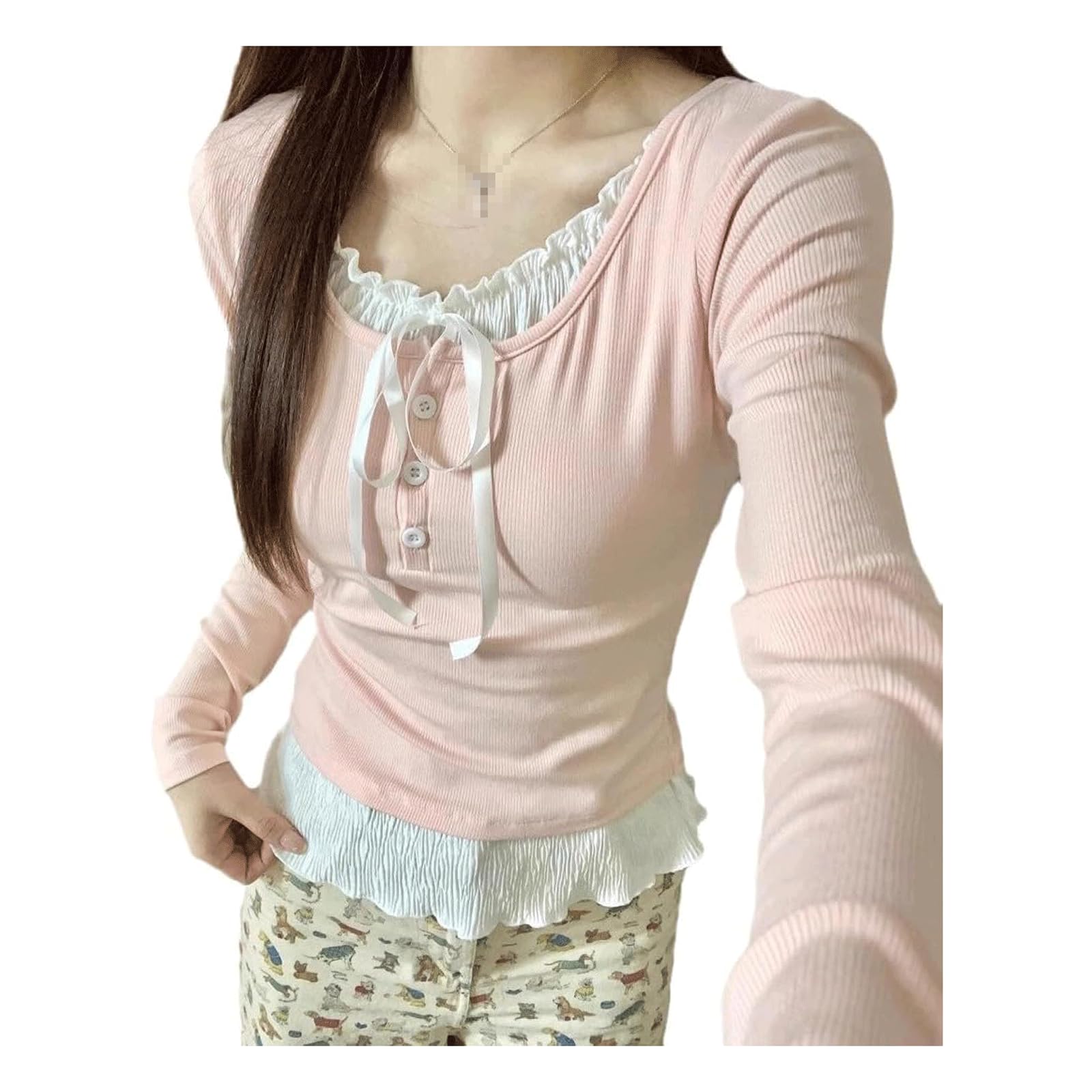 INFJMH Y2K Coquette Shirts for Women Lace Patchwork Tight Crop Tops Aesthetic Baby Tee Bow Tie Cutecore Clothes