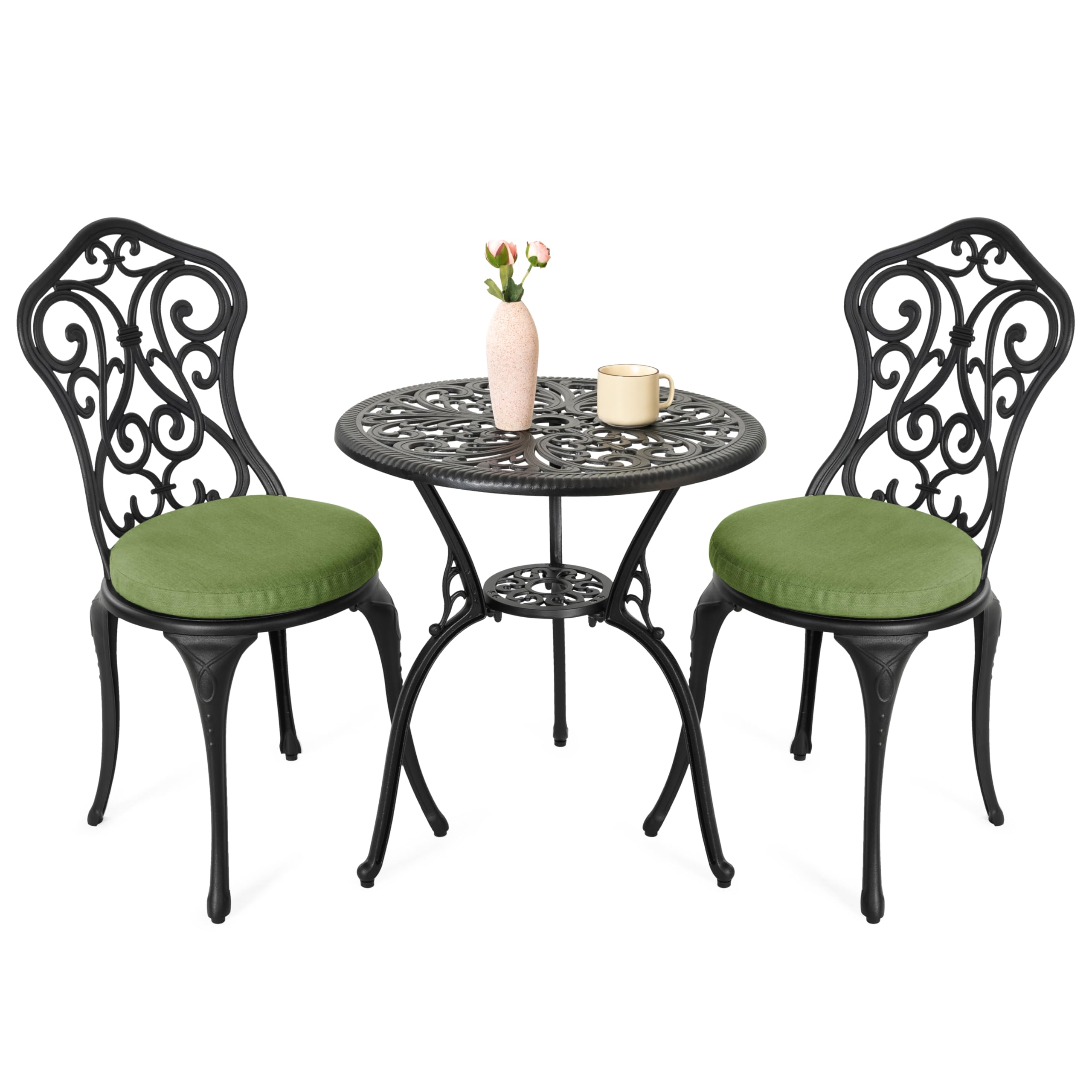 NUU GARDEN Patio 3-Piece Bistro Set with Cushions, Patio Chairs and Outdoor Round Table with Umbrella Hole, Cast Aluminum Patio Set for Lawn, Garden, Porch, Poolside, Black