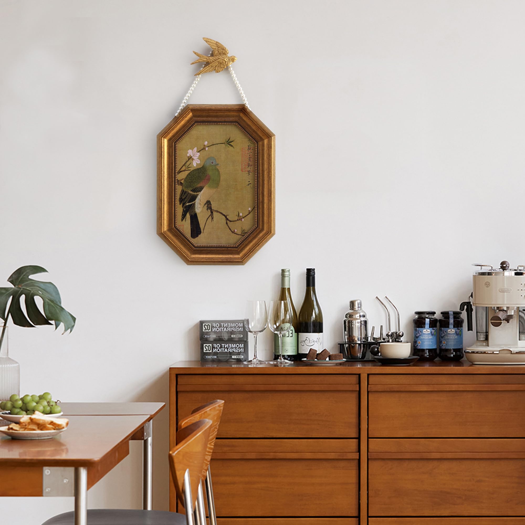 Zelvix Gold Framed Canvas Wall Art Vintage Decor, Antique Chinese Bird Farmhouse Prints,8"x12" Picture Frame With Accessories for Living Room Bathroom Kitchen