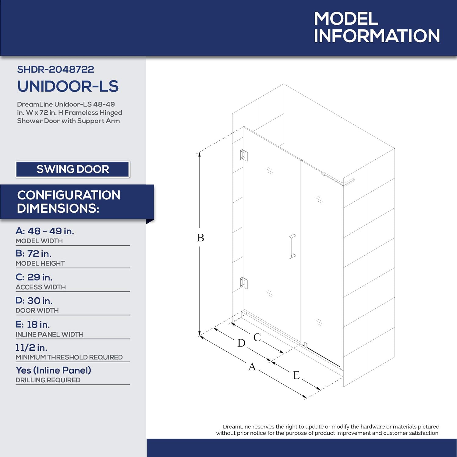 DreamLine Unidoor-LS 48-49 inch W x 72 inch H Frameless Hinged Shower Door in Matte Black