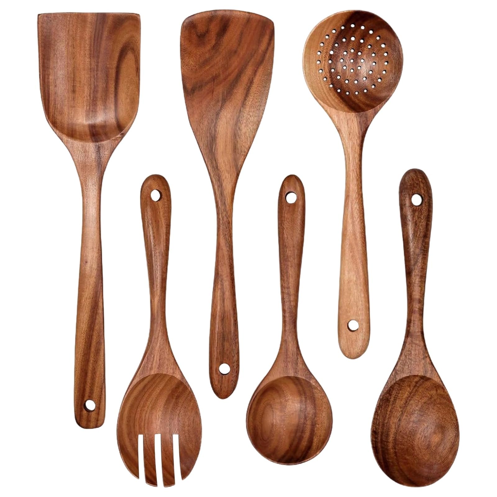 6-teiliges Teak Kochutensilien Set, Küchenutensilien aus Naturholz, Holzspatel, Lochlöffel und Schaumkelle mit langem Griff, schont Kochgeschirr, leicht zu reinigen und zu verstauen