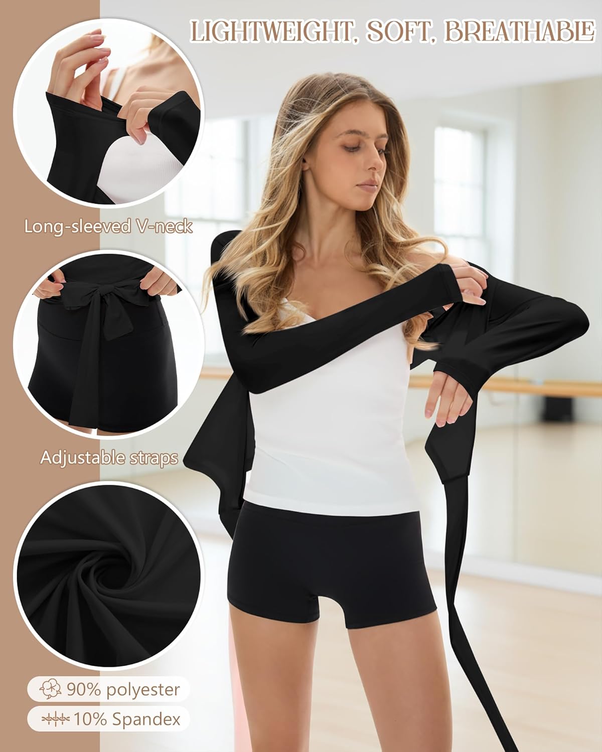 Women Wrap Tie Tops Lightweight Slim Fit Ballet Pilates Yoga Workout Active Shirts Long Sleeve V Neck Casual Tees(Black,X-Large) - Image 5