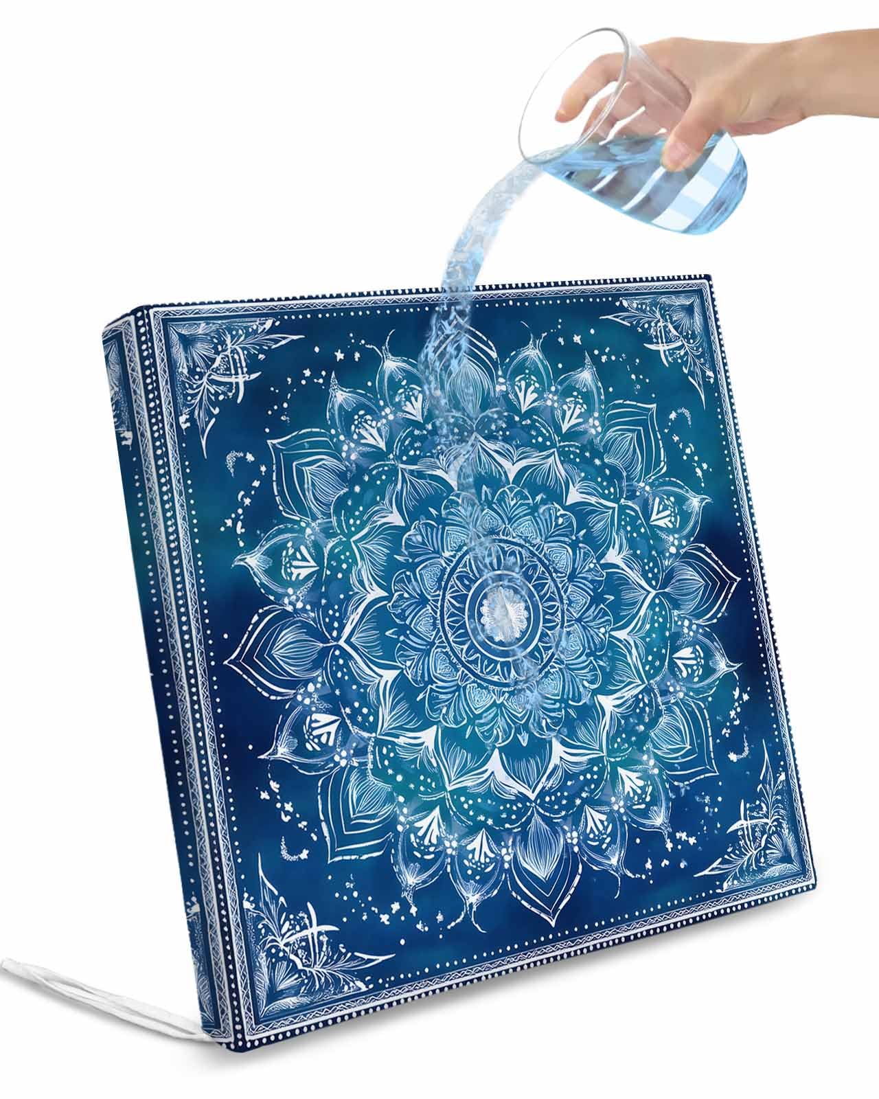 Blue Boho Flowers Outdoor Cushion Chair Cover Set of 4 - Waterproof Couch Seat Covers, Ethnic Farmhouse Abstract Floral Art Patio Furniture Protector Cushions Slipcovers for Sofa/RV, 20