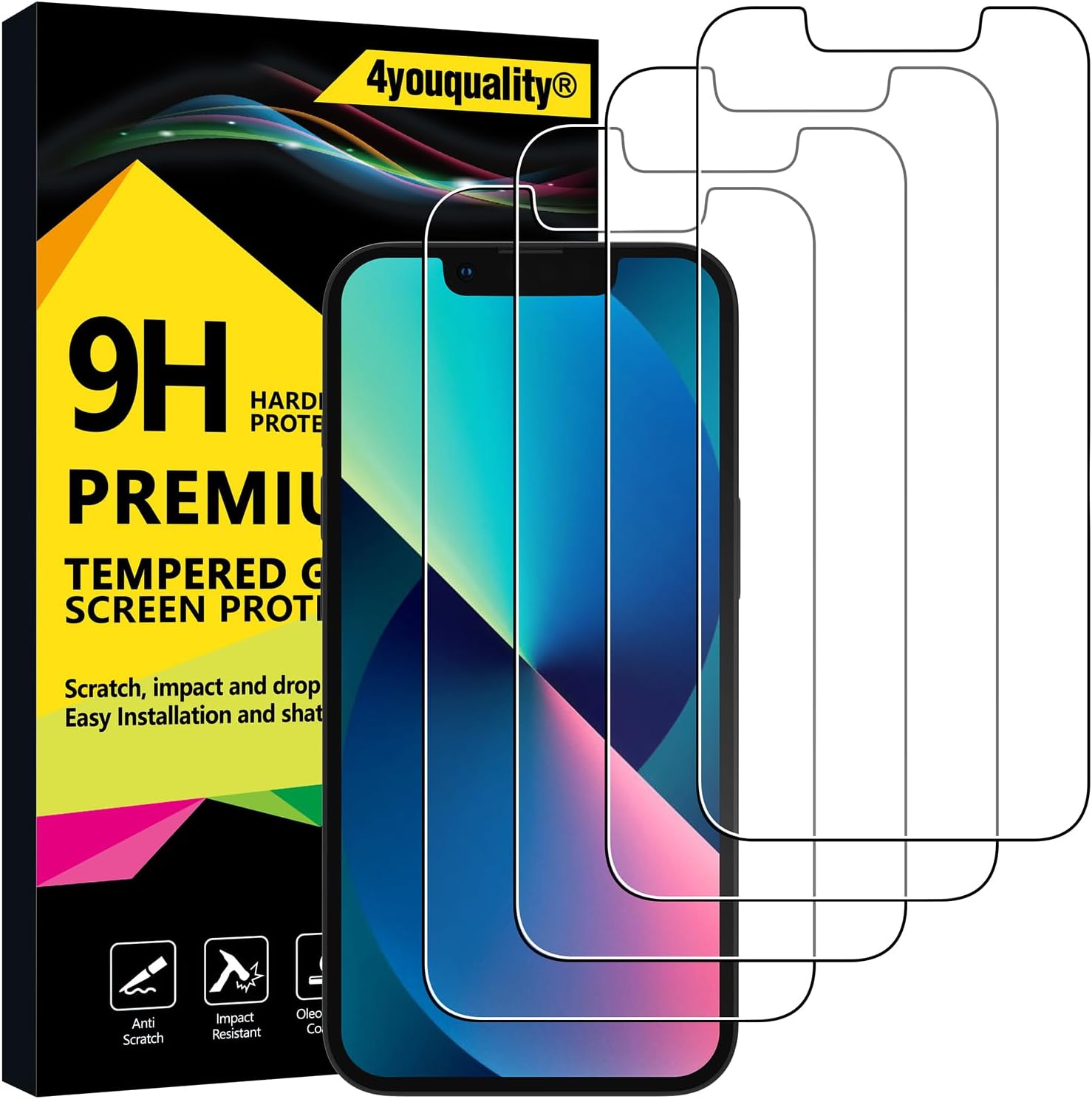 4youquality [FourPacks Screen Protector for iPhone 17e/16e, iPhone 14/13 & 13 Pro, Tempered Glass, Case Friendly, Impact Resistant, Shatterproof Design, 3D Touch, Scratch Resistant, Lifetime Support