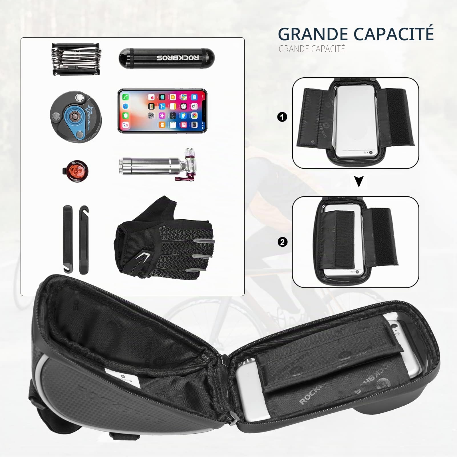 ROCKBROS Sacoche de Guidon Vélo, Support de Téléphone Ecran Tactile sous 6,5 Pouces, Sacoche de Cadre Vélo VTT Etanche pour Smartphone Noir