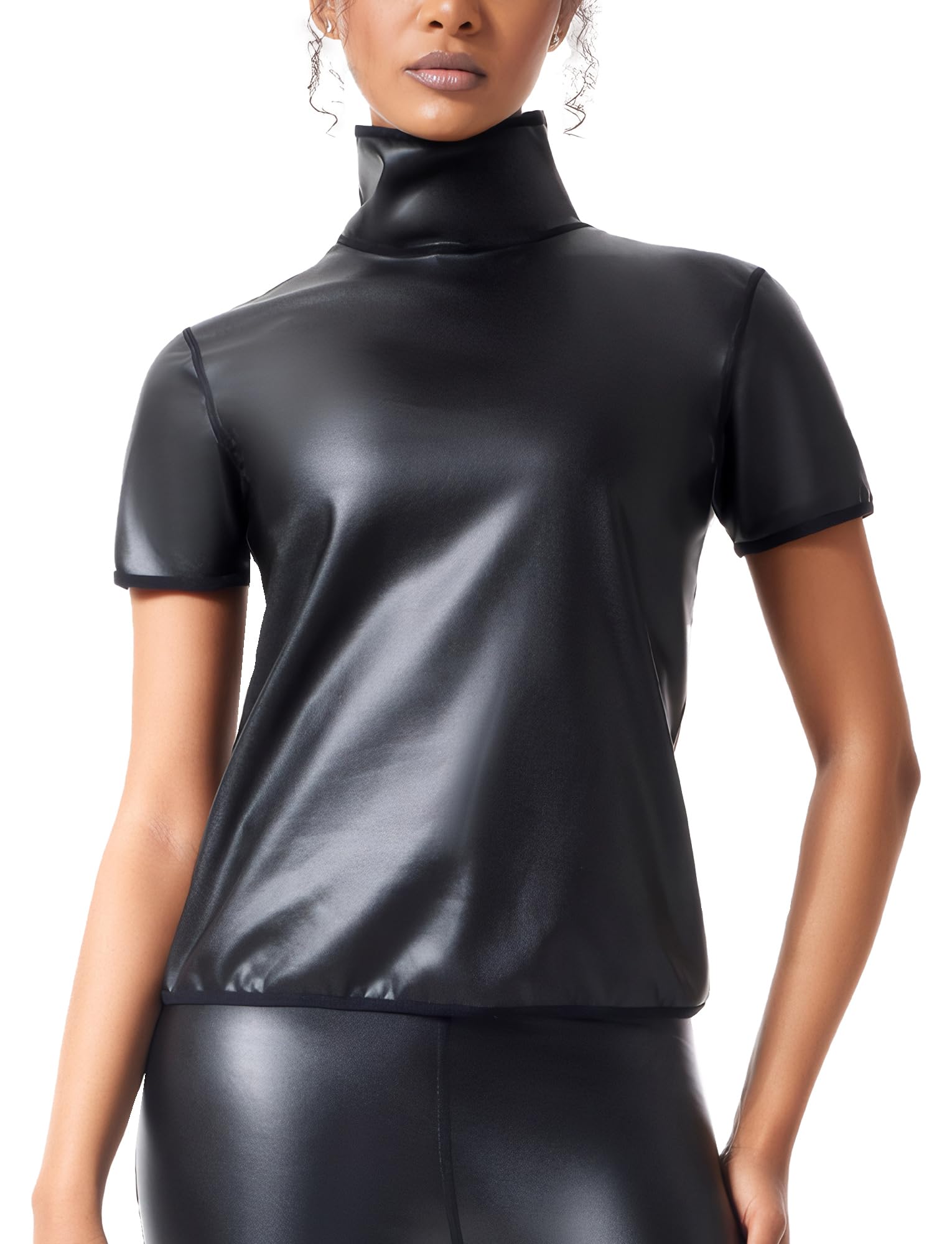 Camiseta de piel sintética para mujer, camiseta de manga corta de piel, manga corta, látex, disfraz para rave, fiesta, club, noche, aspecto mojado, tallas XS-3XL