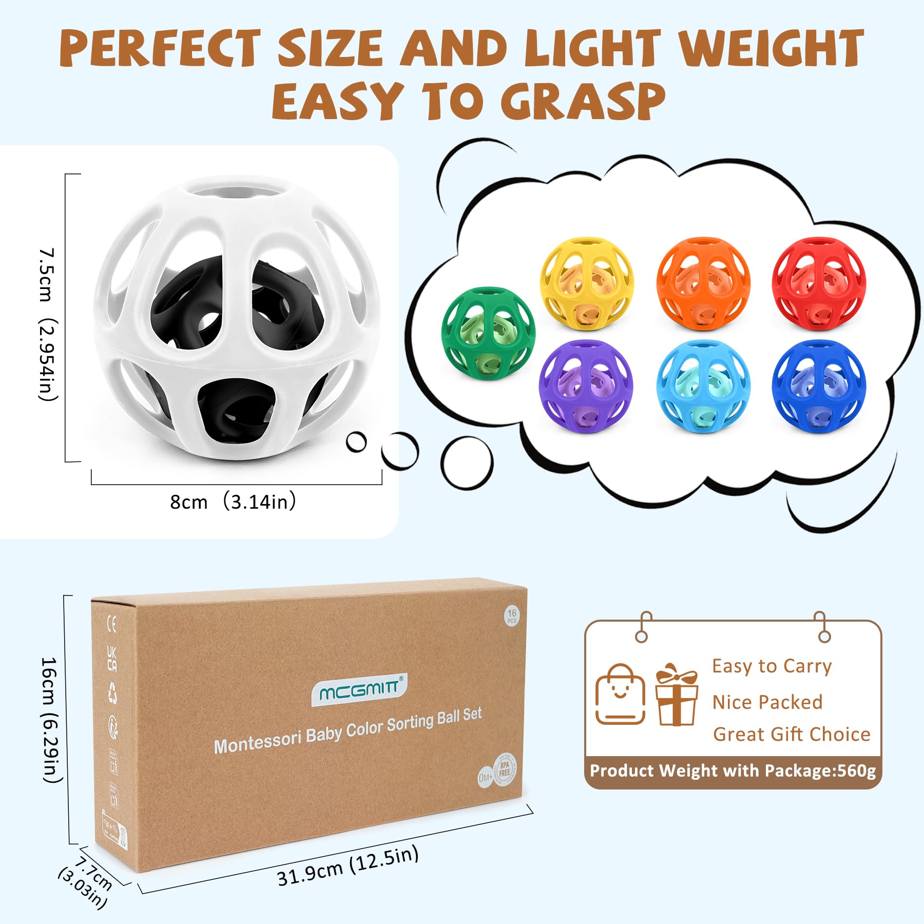 MCGMITT Baby Sensory Balls 8PCS for 6-12 Months, Colourful Grasping Balls Baby Toy, Soft Silicone Teething Toys - Image 3