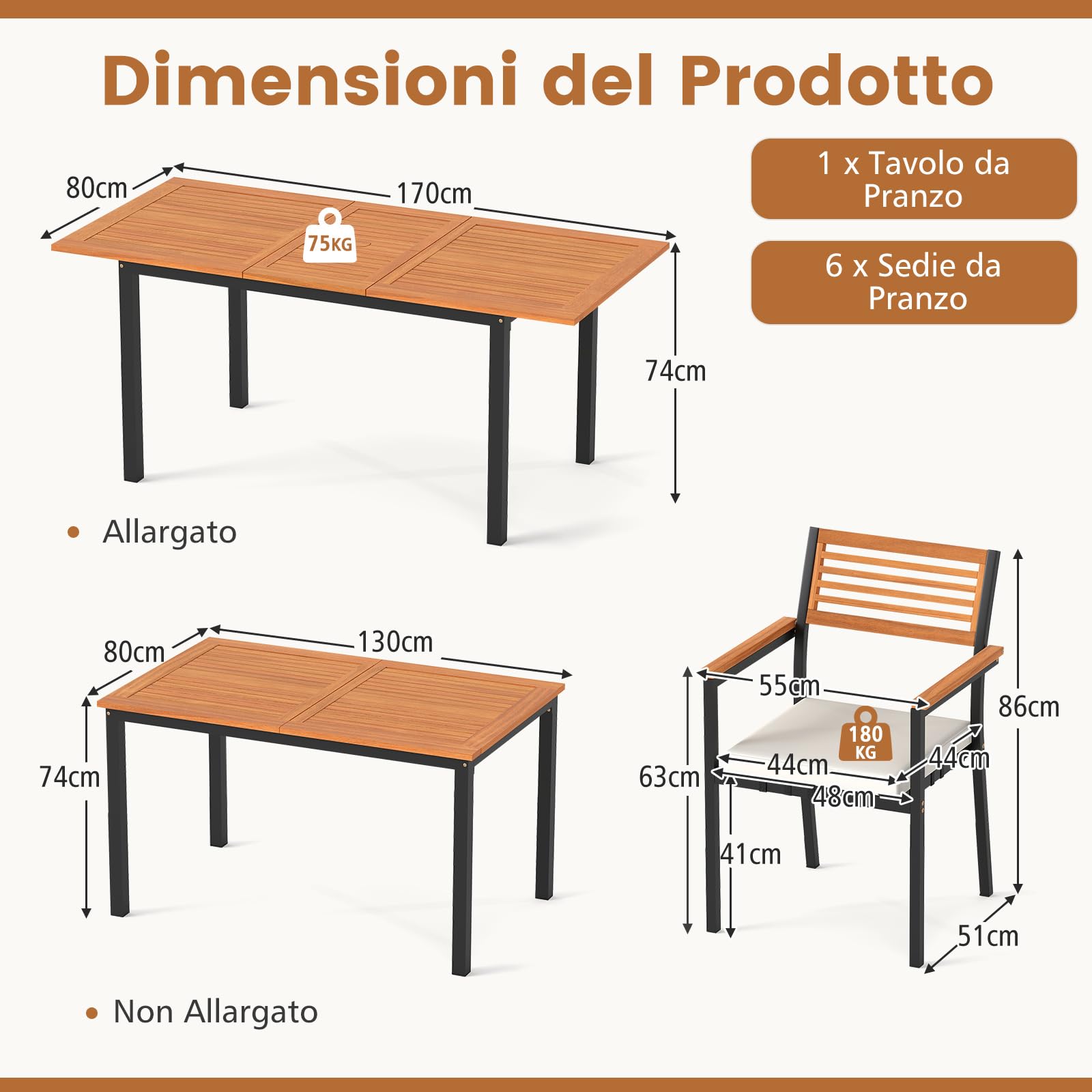 COSTWAY Tavolo Allungabile e 6 Sedie da Esterno, Pranzo da Giardino in Legno Massello, Tavolo con Foro per Ombrellone e Poltrone con Cuscini, Schienale e Braccioli, per Balcone e Cortile