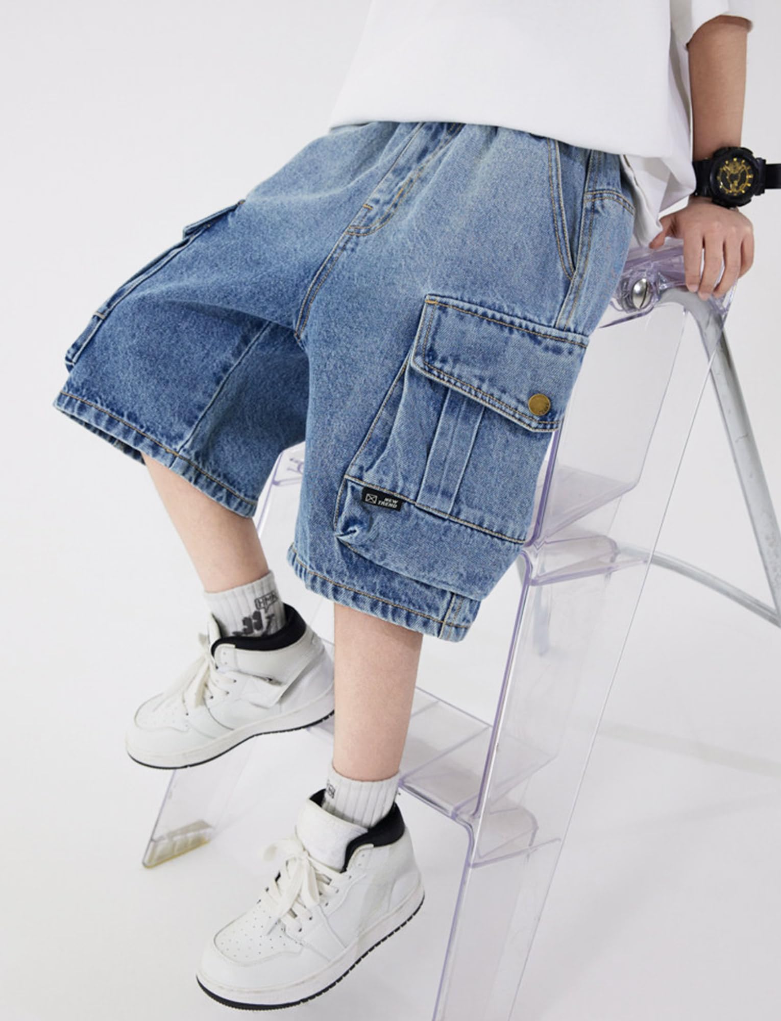 SEAUR Pantalon Corto Vaquero Niño Pantalón Cortos de Pierna Ancha en Denim Baggy Jean Shorts Elástico Cintura Bermuda con Bolsillos Denim Shorts Boys