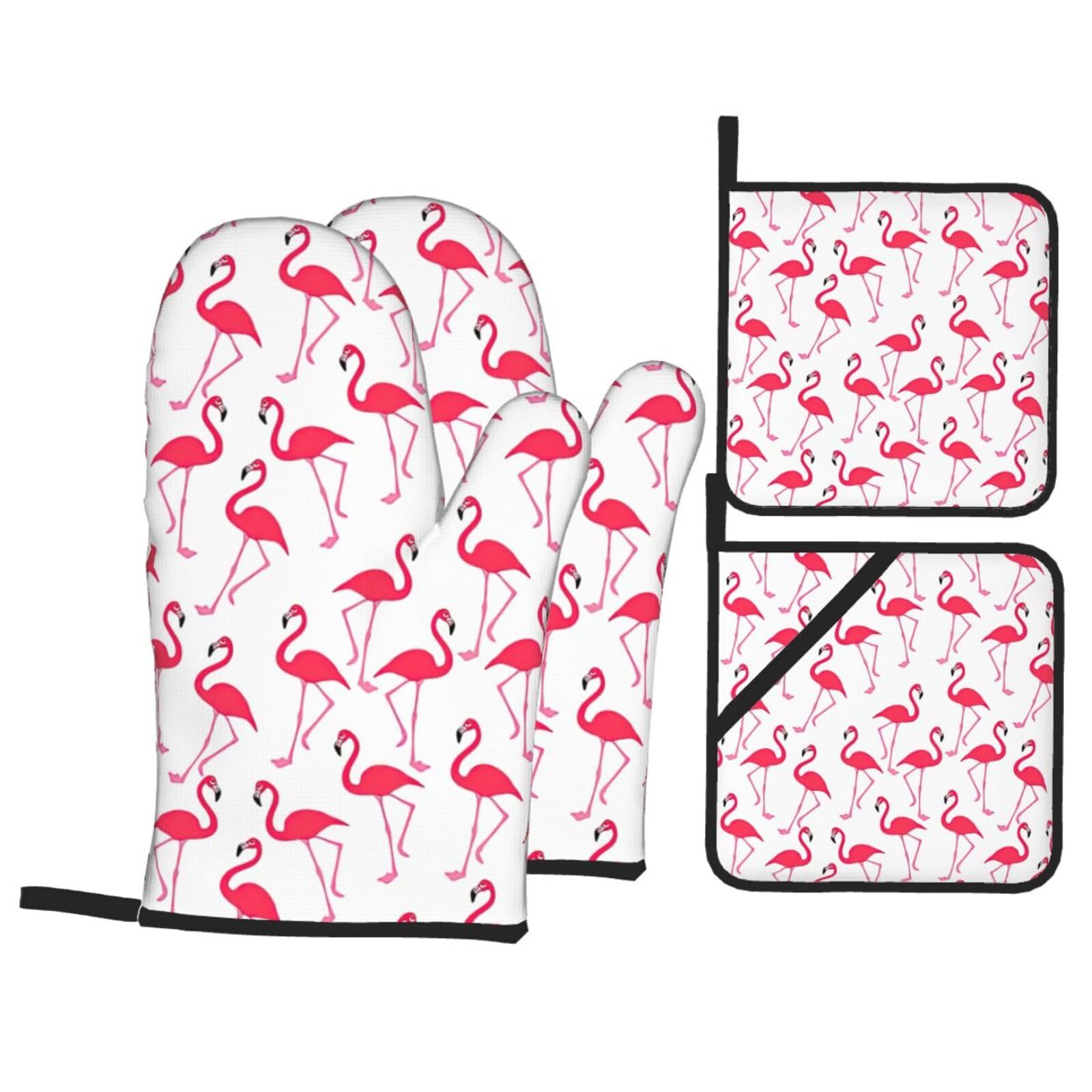 Pink flamingo pattern Print 4-Piece Heat-Resistant Oven Waterproof Kitchen Gloves Cooking Roasting Essential