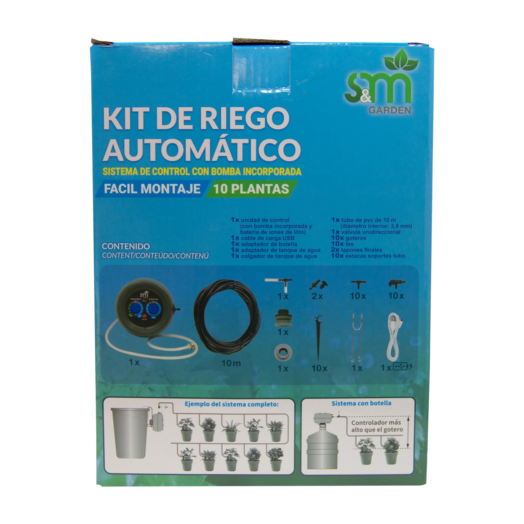 S&M 590146 – Kit de riego automático por goteo con unidad de control programable, cable de carga, tubo de PVC de 10 m, 10 goteros, 10 estacas y otros accesorios | Fácil de instalar y personalizable