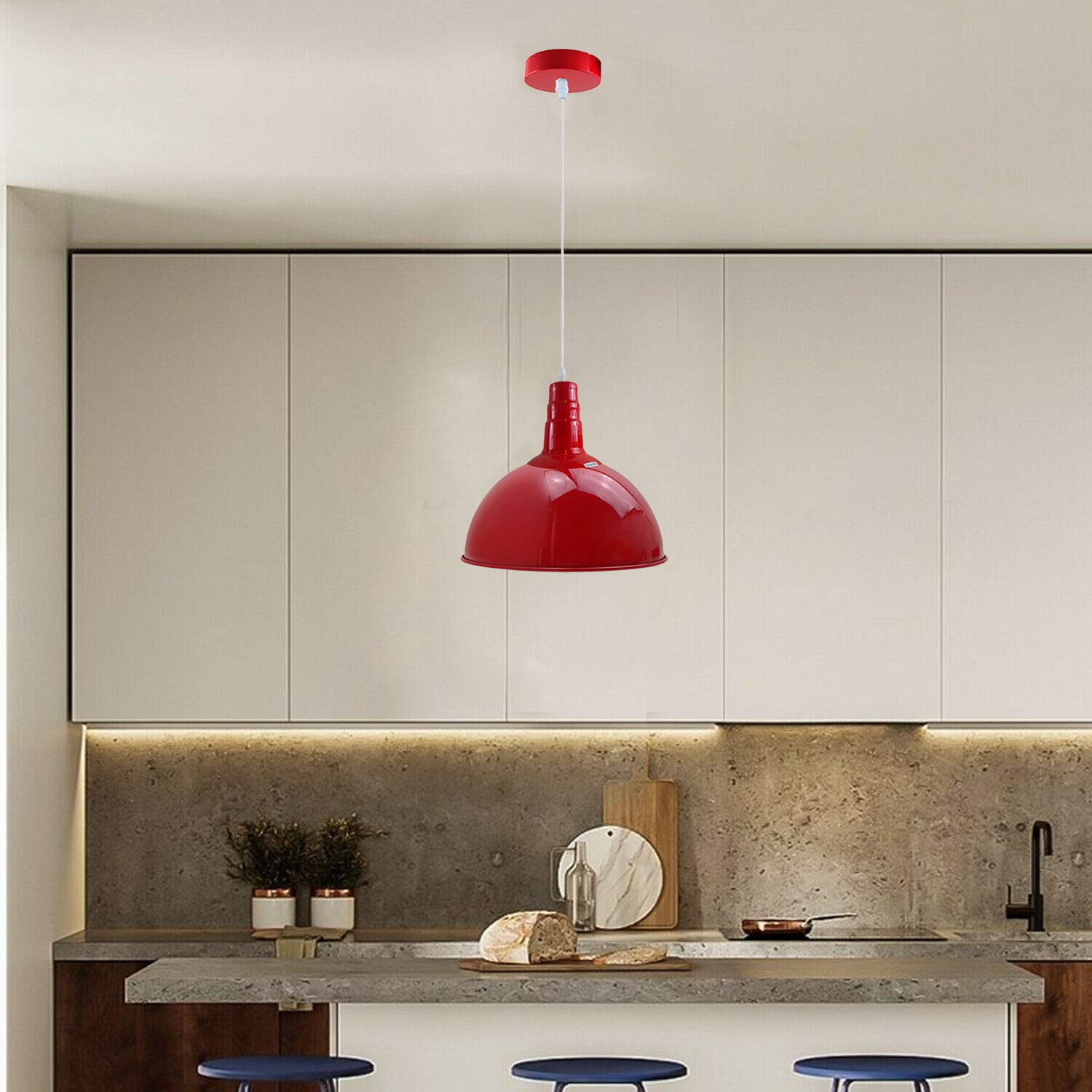 Lampadario A Sospensione LED Stile Industriale Vintage - Paralume In Ferro 17cm, Attacco E27, Per Soggiorno, Bar E Ristoranti (Rosso) - 2