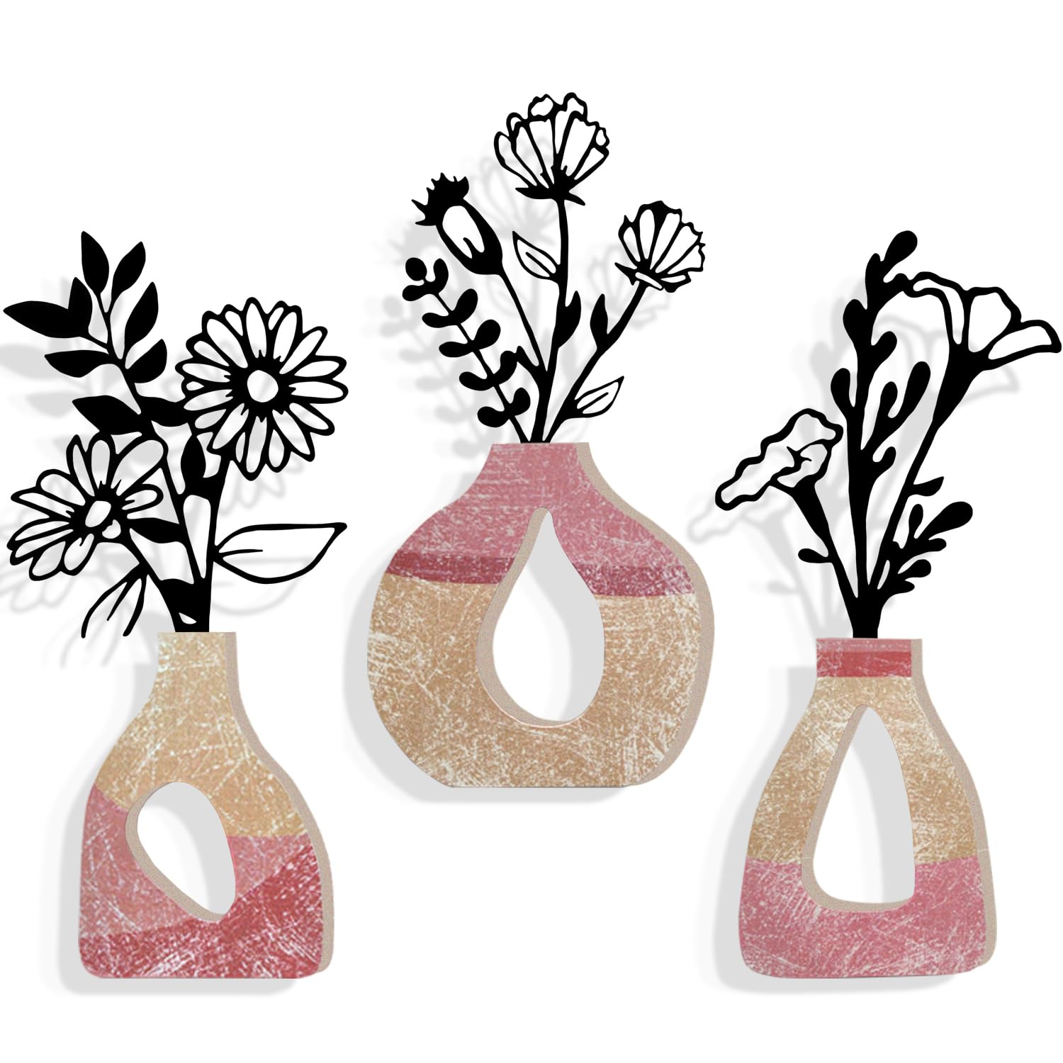Luccyle 3pcs Black Metal Flores Arte de la Pared,Flores Decoración de la Pared,Planta Decoración de la Pared,Flores Decoración para el Hogar Patio Balcón Baño