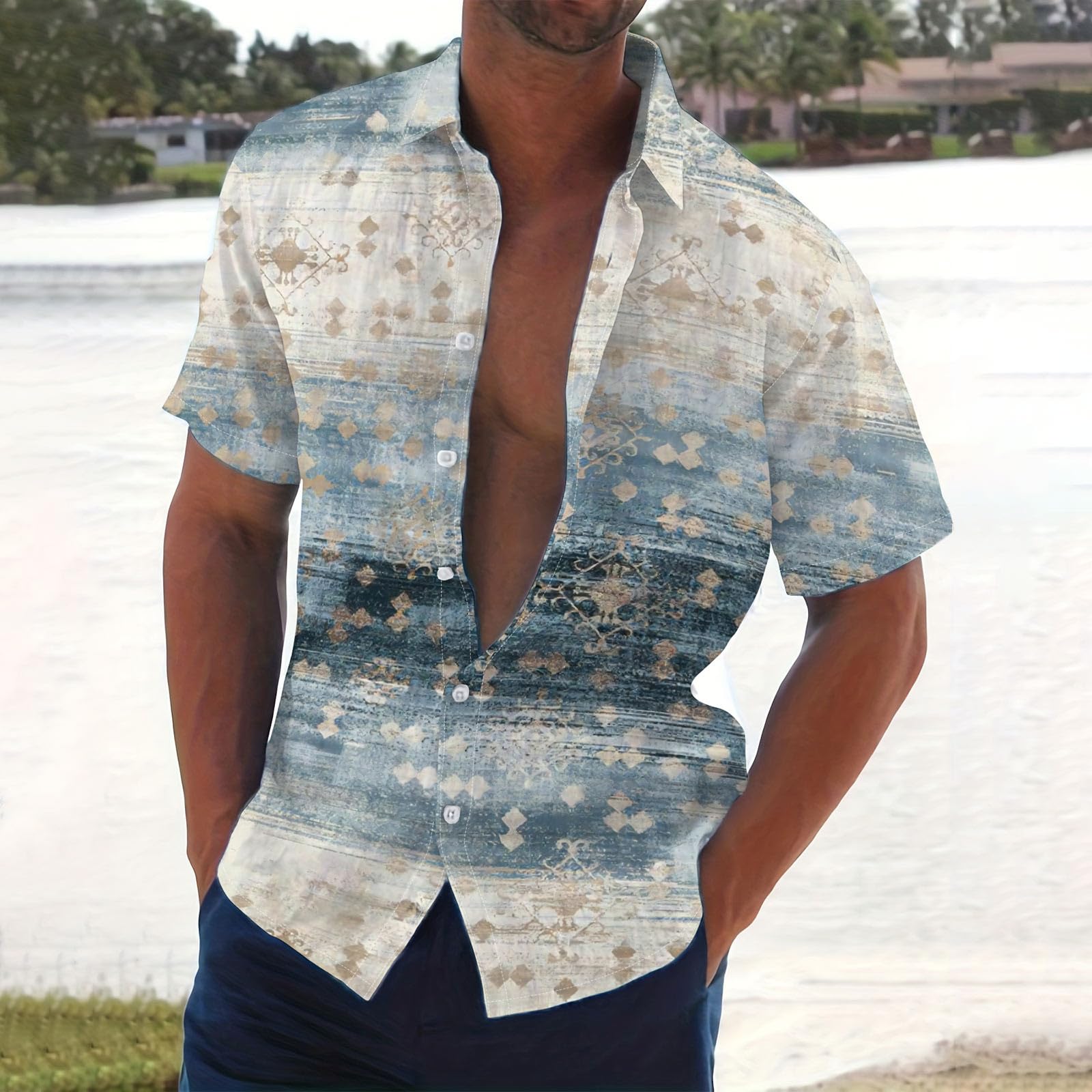 Herren Hemd Kurzarm Sommer Casual Shirt Strand Kurzarmhemd Button Down