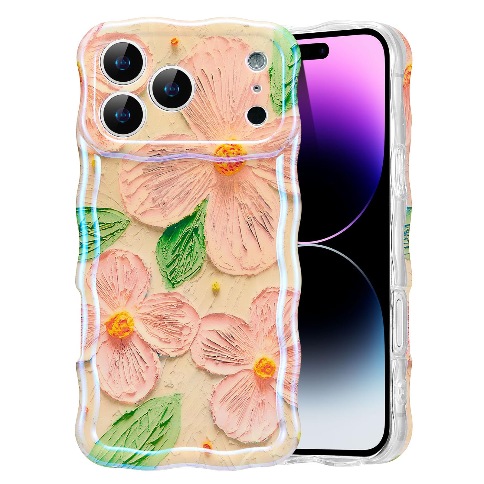 EYZUTAK Case for iPhone 15, Colorful Retro Oil Painting Flower Laser Beam Glossy Pattern Cute Curly Waves Border Exquisite Phone Cover Stylish Durable Soft TPU Protective Case for Girls Women - Green — view 101