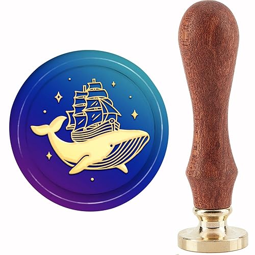 CRASPIRE Sello de cera, ballena, animal marino, velero, sellos de cobre, 1.181 in, cabeza de sello de latón extraíble retro con mango de madera para