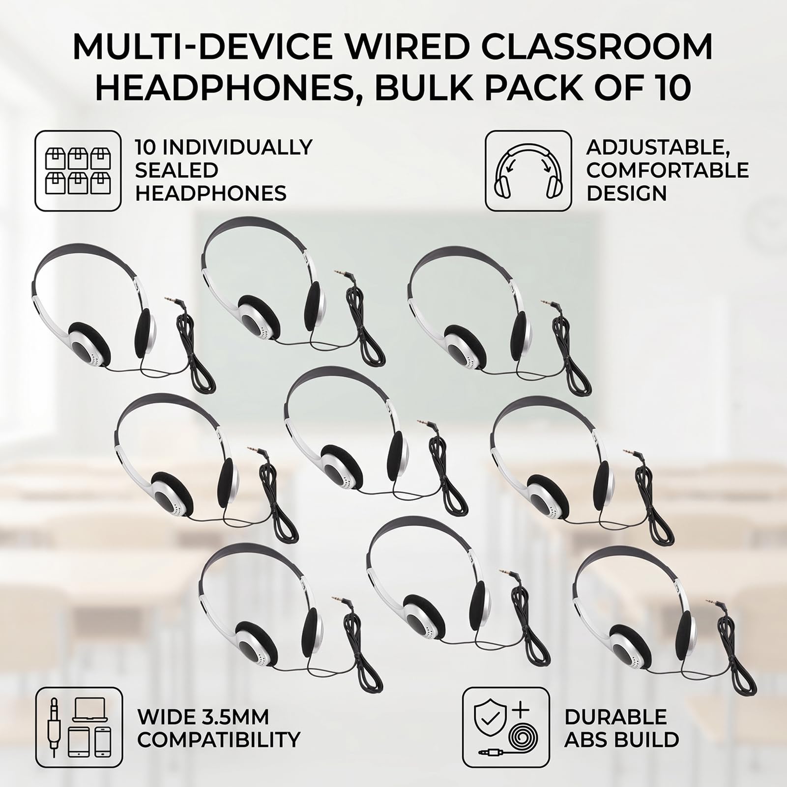 Fabater Set di Cuffie Over-ear Cablate per Studenti, Cuffie da 10 Pezzi per Aula per Biblioteche e Viaggi, Leggere e Regolabili, Jack da 3,5 Mm