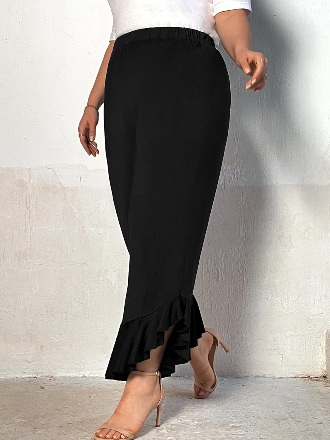 WDIRARA Women's Plus Size Elastic Waist Ruffle Hem Flare Bell Bottom Pants - Image 4