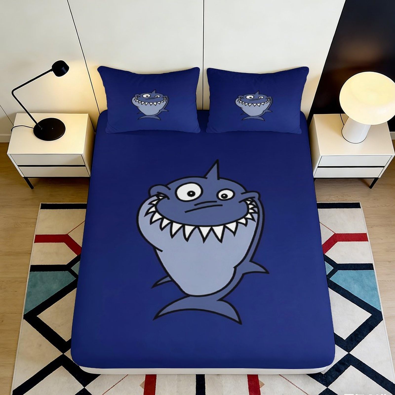 3D Printed Cartoon Shark Fitted Sheet Microfiber Soft Durable Blue Bed Cover with Mattress Protection for Bedroom Dormitory Guest Room Use 120x200x25cm