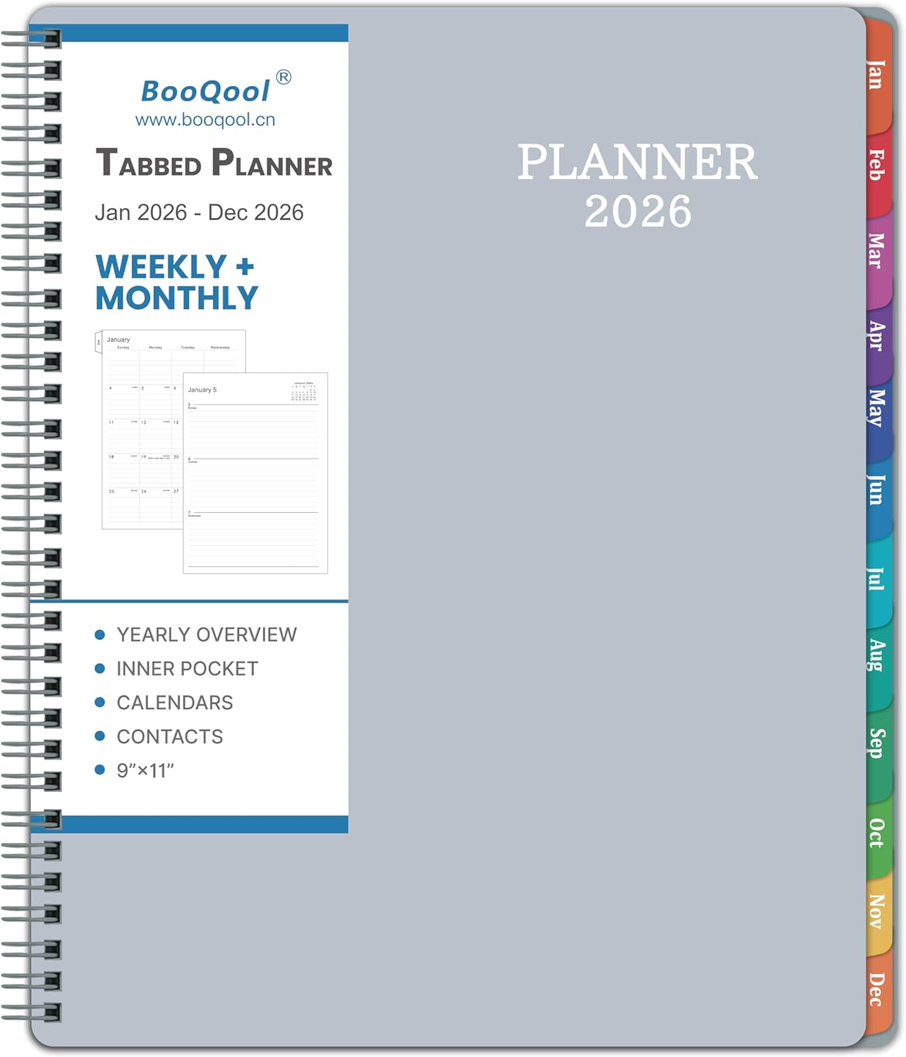 2026 Planner – 2026 Planner Weekly and Monthly, 9" x 11", Large, Jan 2026 – Dec 2026, 12 Monthly Tabs, Strong Twin-Wire Binding, Inner Pocket, Hardcover, Grey